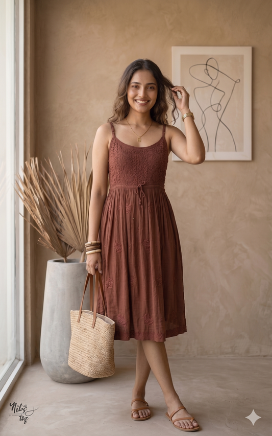 Brown Strap Tunic with Hand Chikankari Embroidery