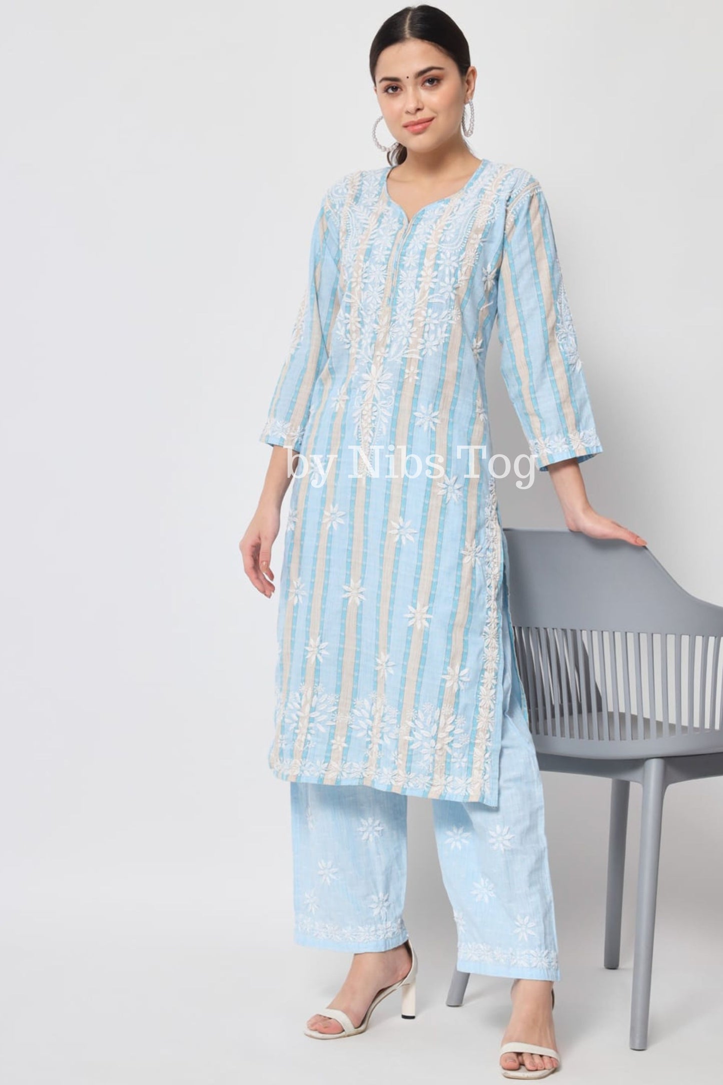 Printed Cotton Chikankari Kurta Palazzo Set for Women Sky Blue