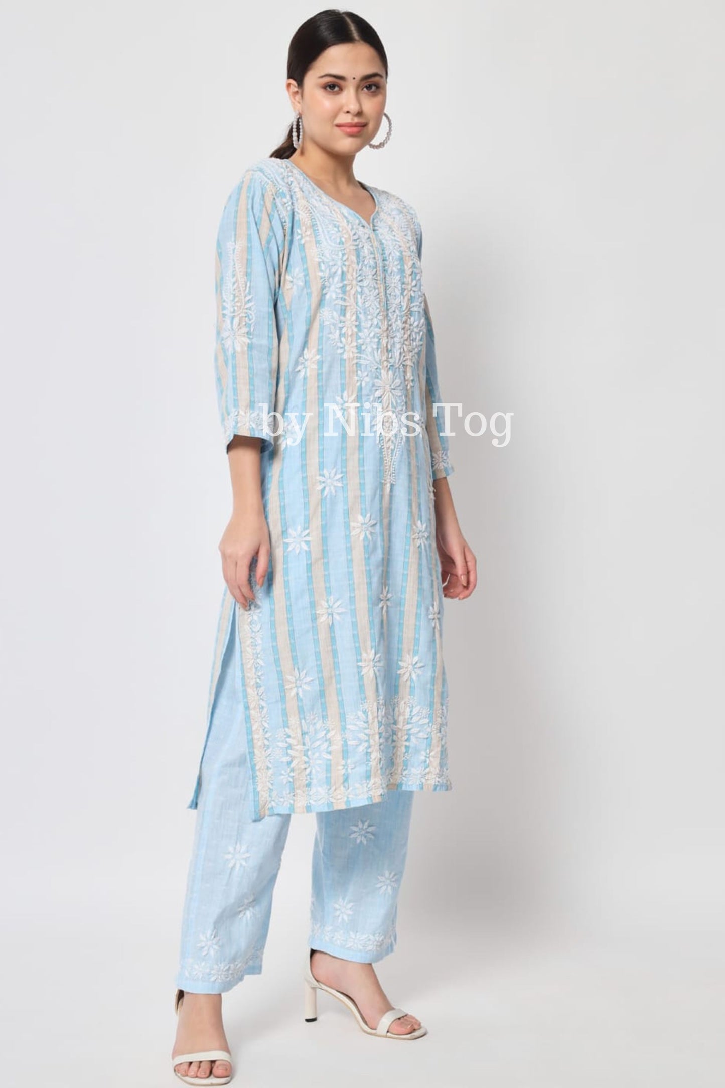 Printed Cotton Chikankari Kurta Palazzo Set for Women Sky Blue