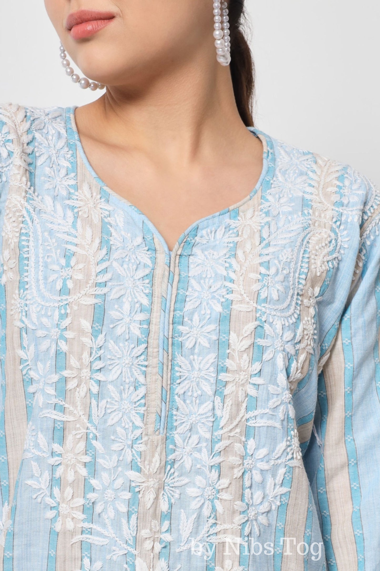 Printed Cotton Chikankari Kurta Palazzo Set for Women Sky Blue