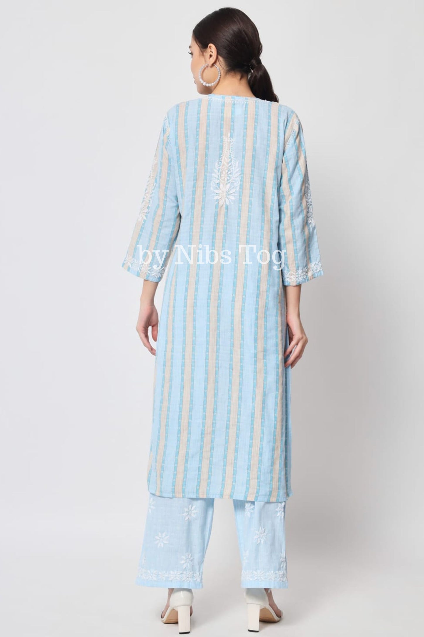 Printed Cotton Chikankari Kurta Palazzo Set for Women Sky Blue