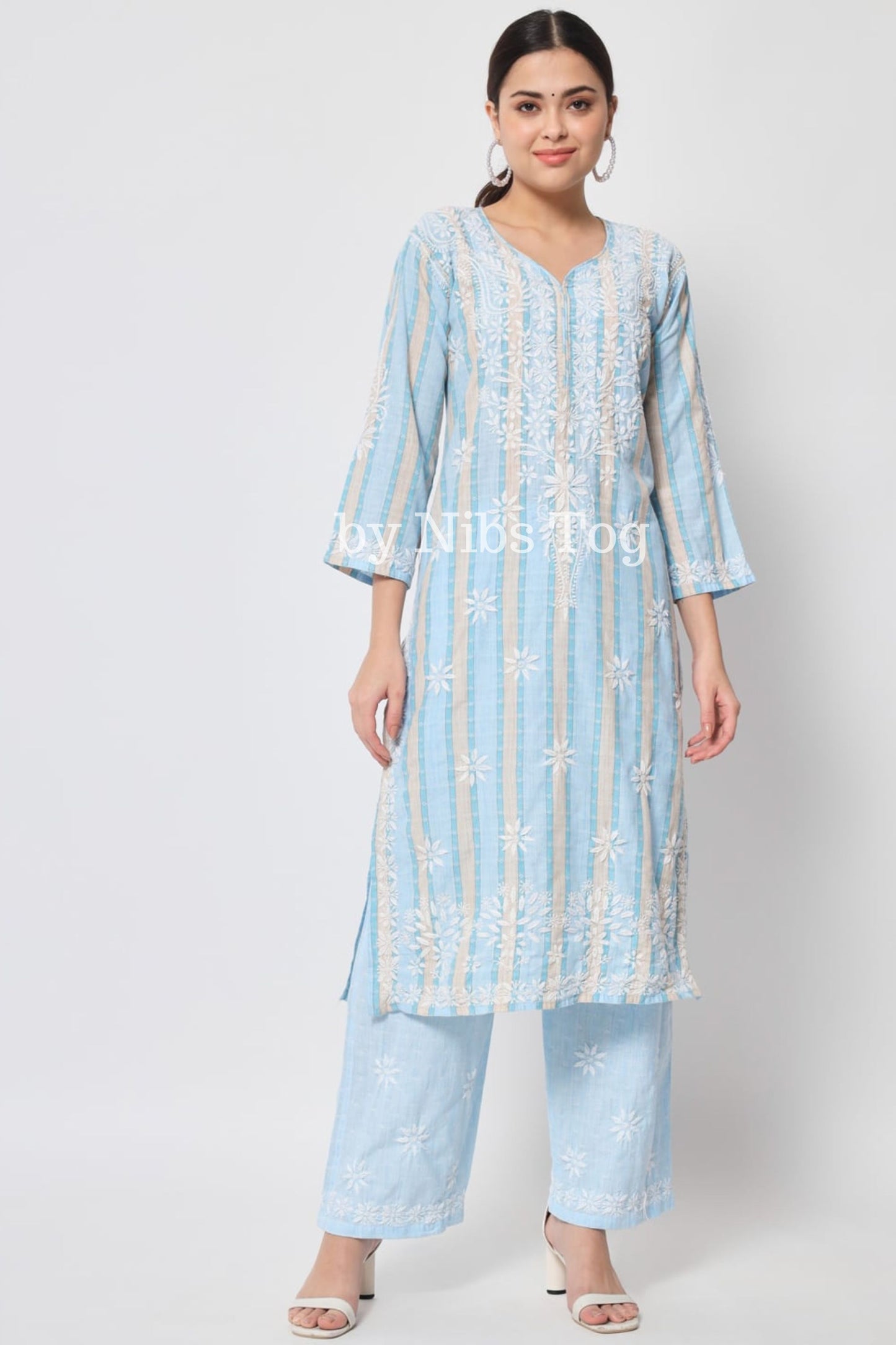 Printed Cotton Chikankari Kurta Palazzo Set for Women Sky Blue