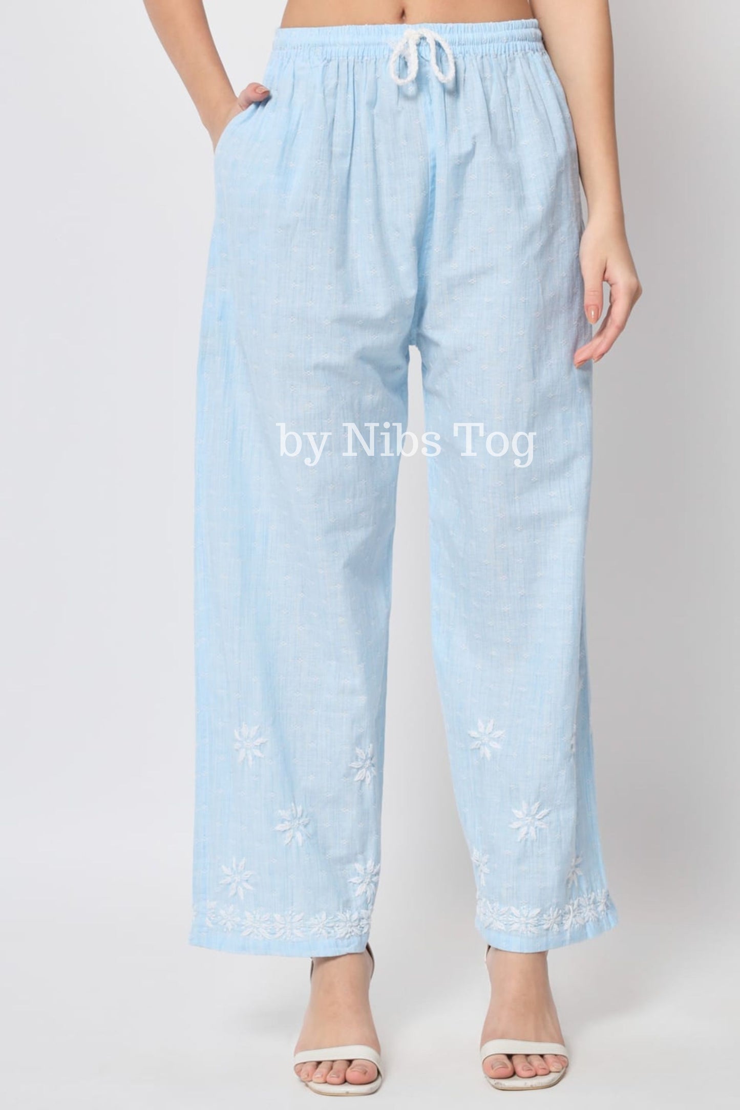 Printed Cotton Chikankari Kurta Palazzo Set for Women Sky Blue