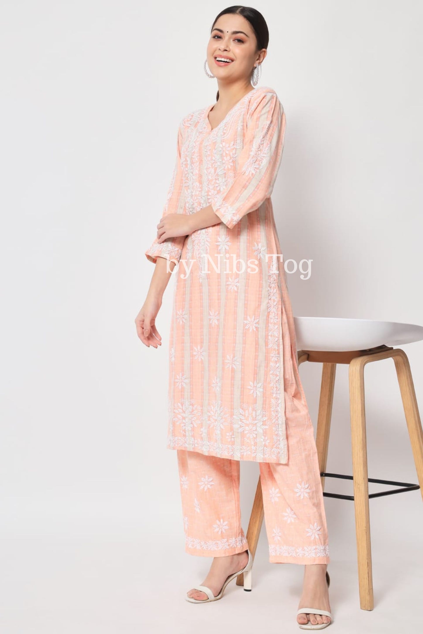 Printed Cotton Women's Chikankari Kurta Palazzo Set Light Peach