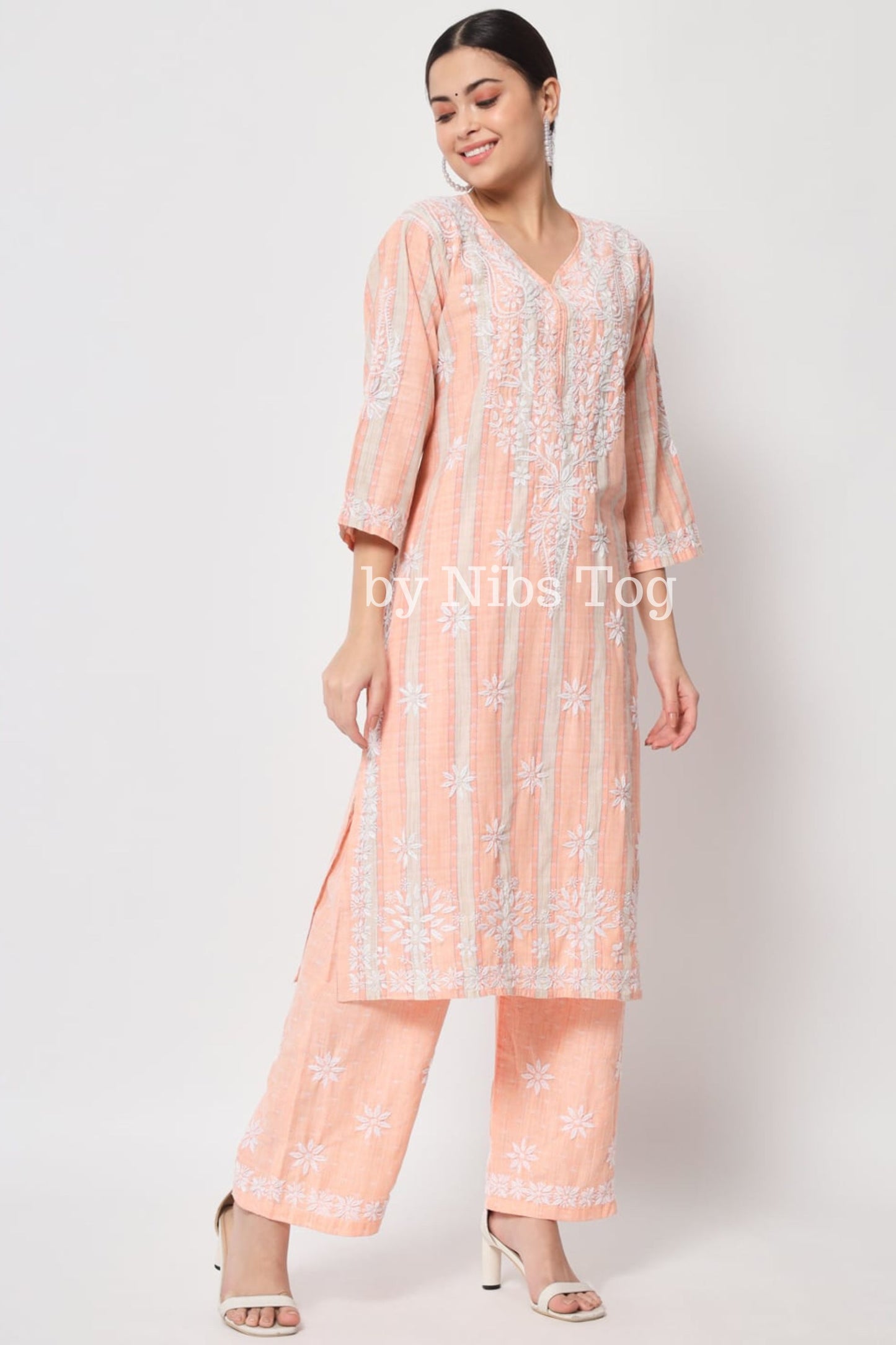 Printed Cotton Women's Chikankari Kurta Palazzo Set Light Peach