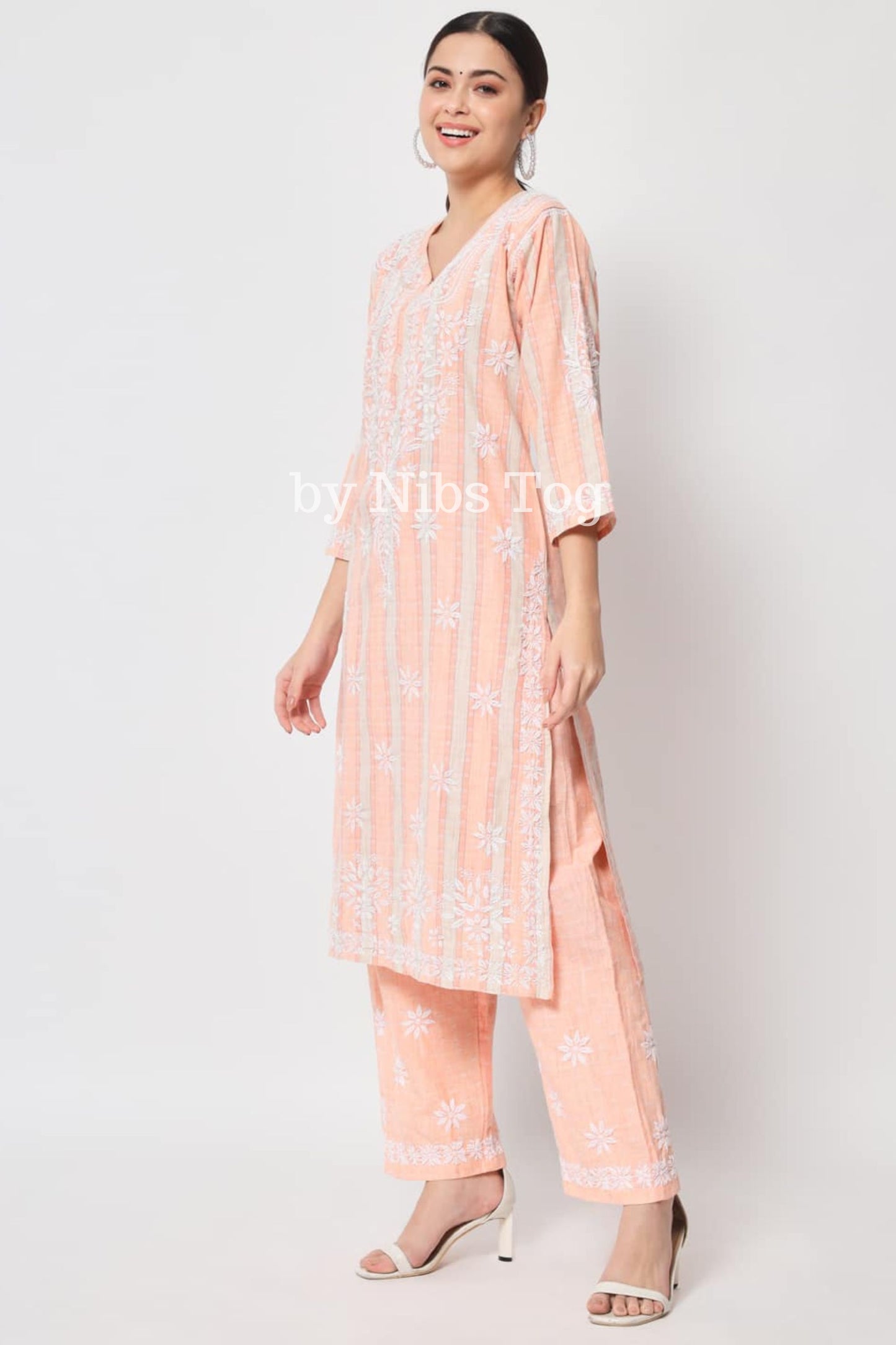 Printed Cotton Women's Chikankari Kurta Palazzo Set Light Peach