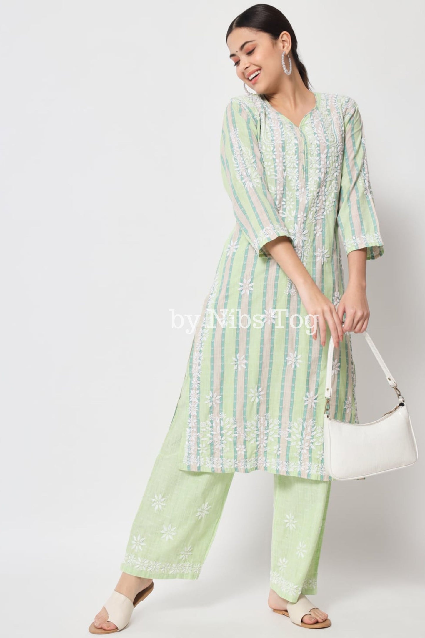 Printed Cotton Straight Chikankari Kurta Palazzo Set Light Green