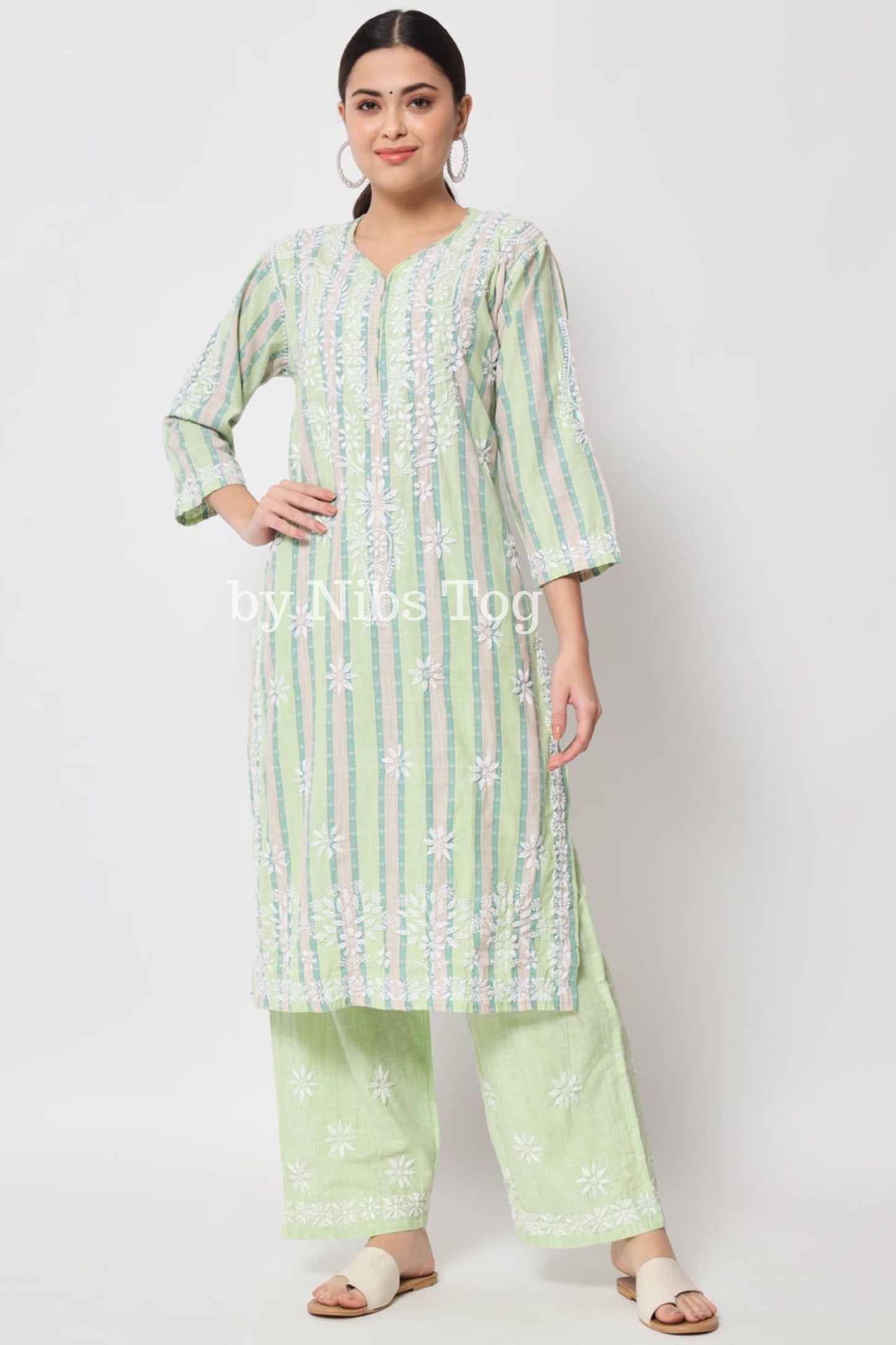 Printed Cotton Straight Chikankari Kurta Palazzo Set Light Green