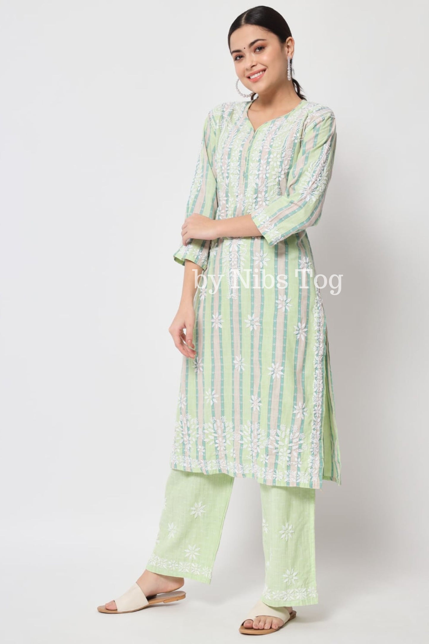 Printed Cotton Straight Chikankari Kurta Palazzo Set Light Green