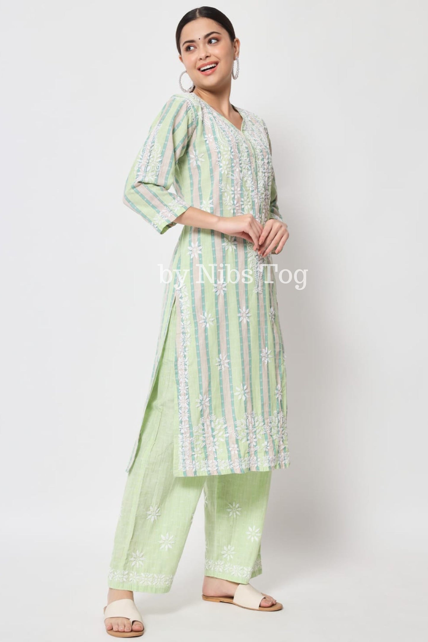 Printed Cotton Straight Chikankari Kurta Palazzo Set Light Green