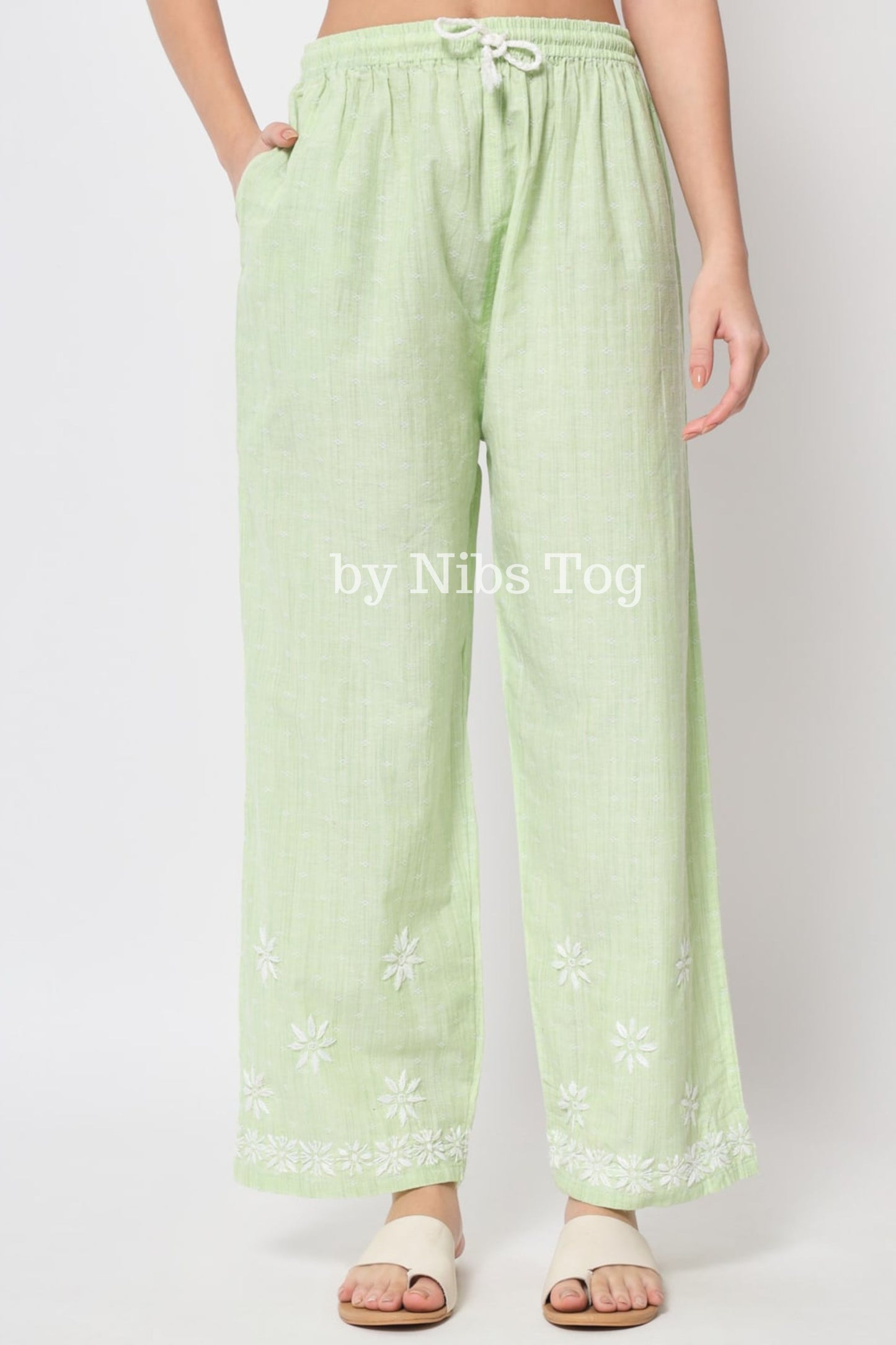 Printed Cotton Straight Chikankari Kurta Palazzo Set Light Green