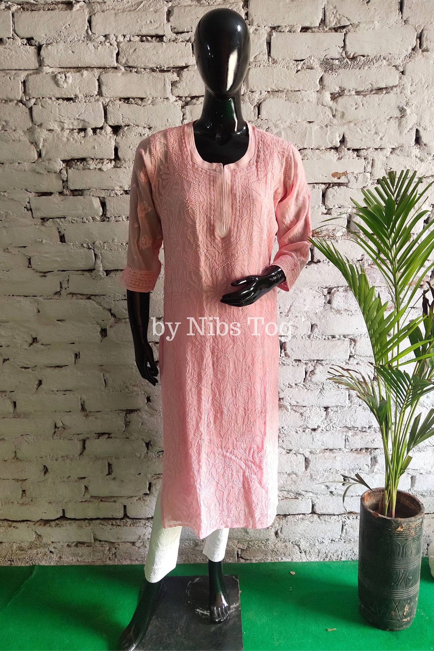 Powdered Pink Chikankari Kurta for Women Viscose Georgette with FREE Slip