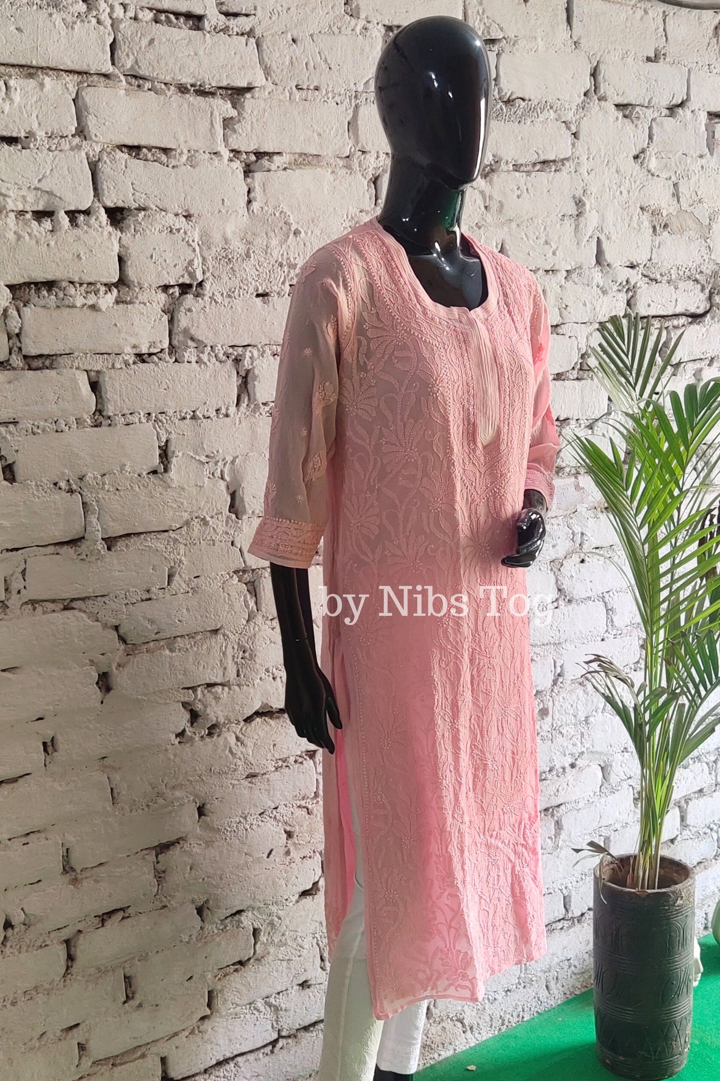 Powdered Pink Chikankari Kurta for Women Viscose Georgette with FREE Slip
