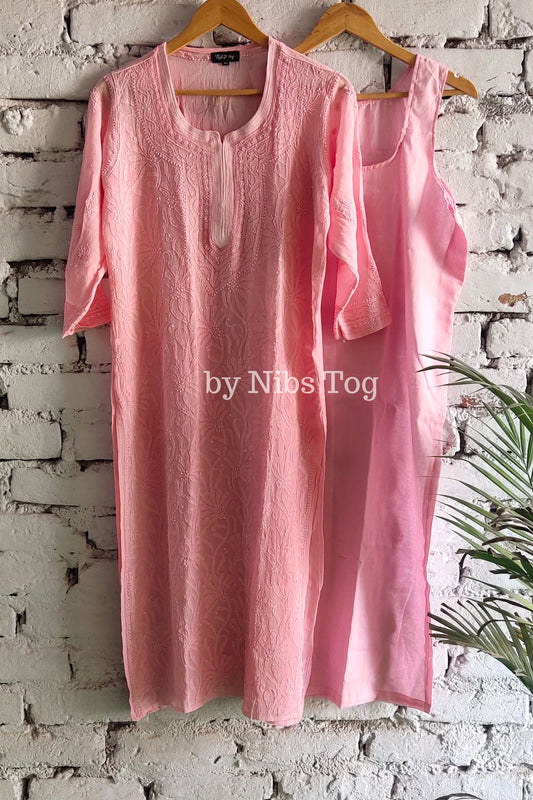 Powdered Pink Chikankari Kurta for Women Viscose Georgette with FREE Slip