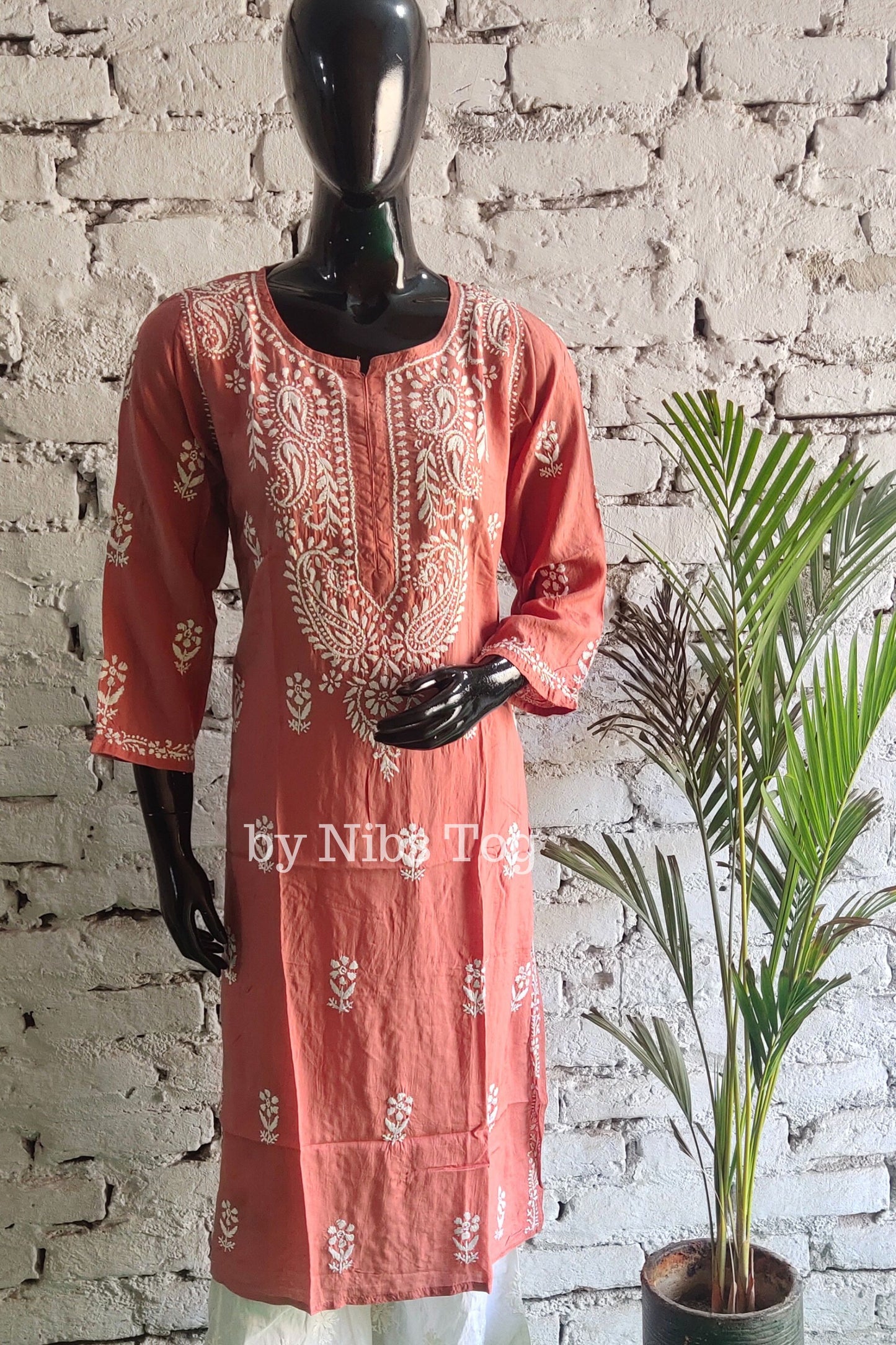 Nude Rust Women's Straight Modal Cotton Chikankari Kurta