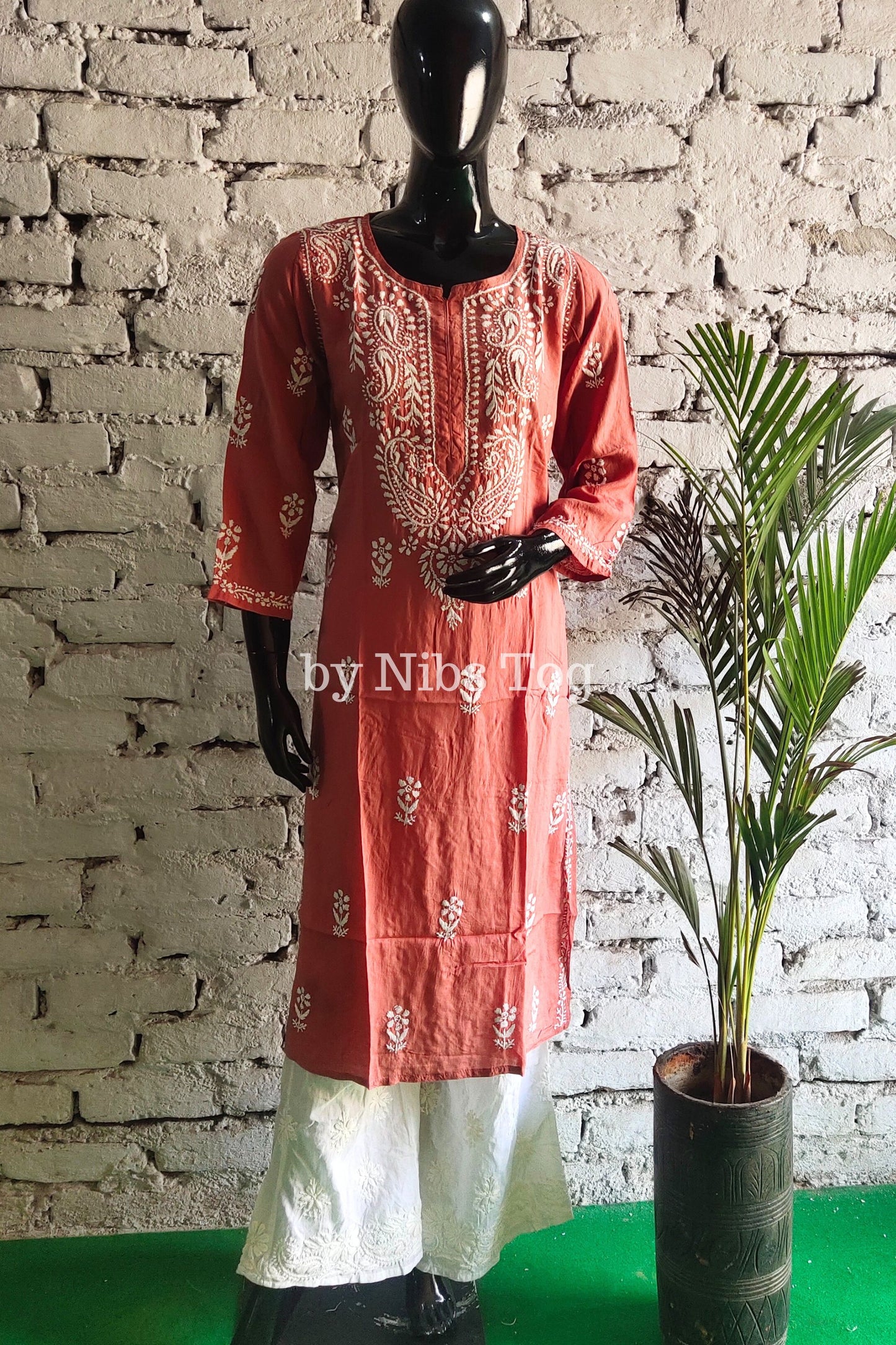 Nude Rust Women's Straight Modal Cotton Chikankari Kurta