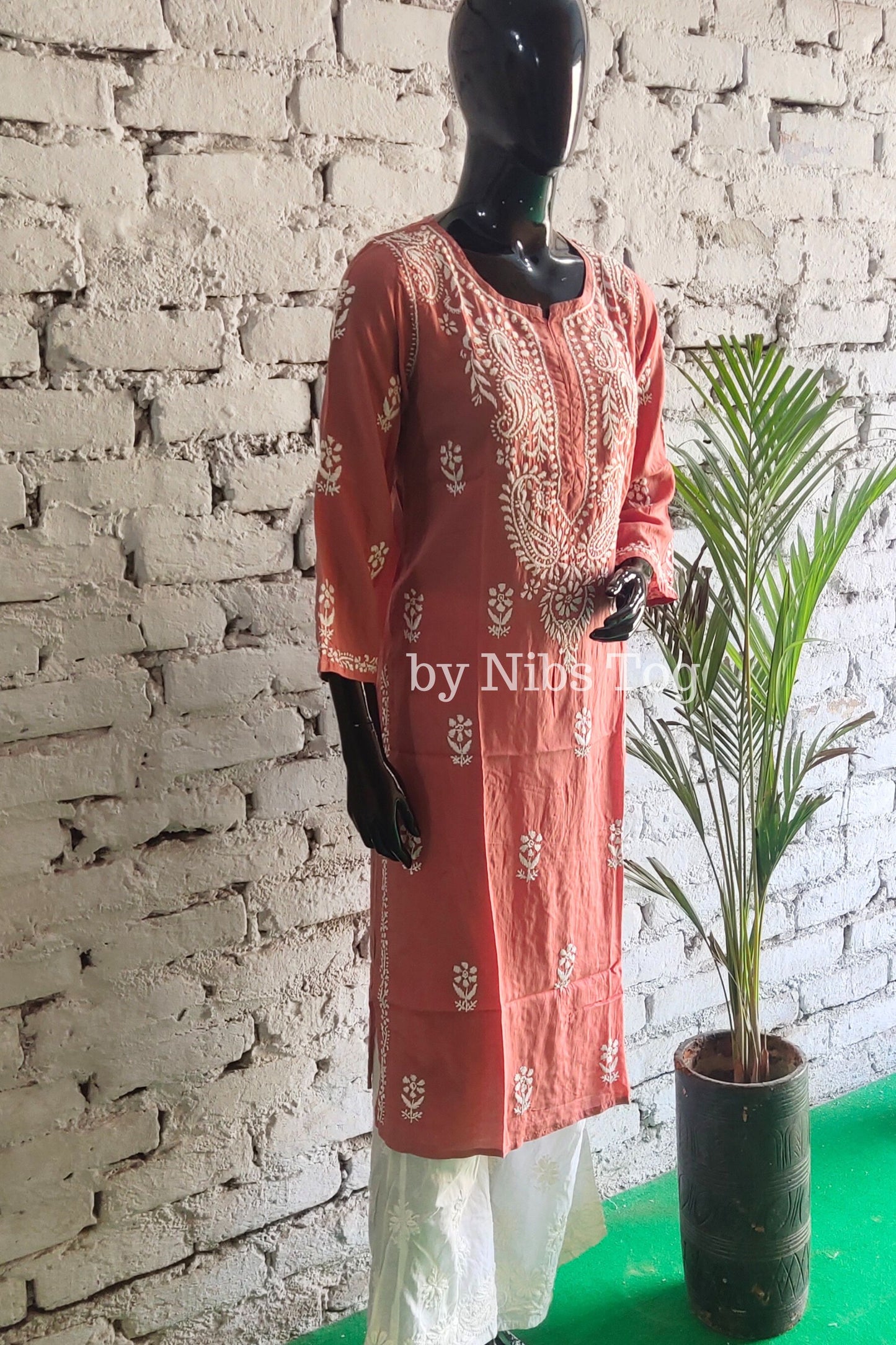 Nude Rust Women's Straight Modal Cotton Chikankari Kurta