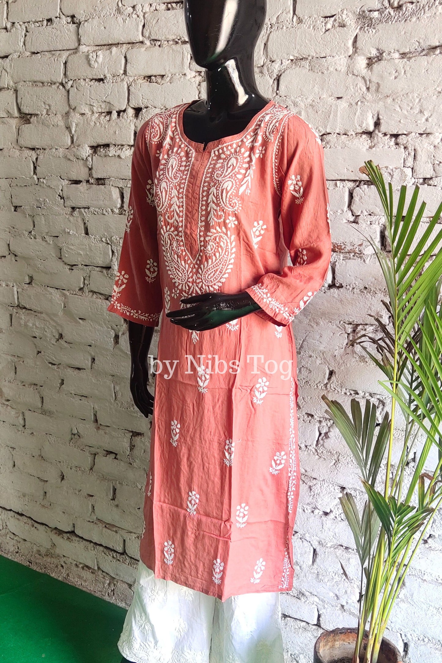 Nude Rust Women's Straight Modal Cotton Chikankari Kurta