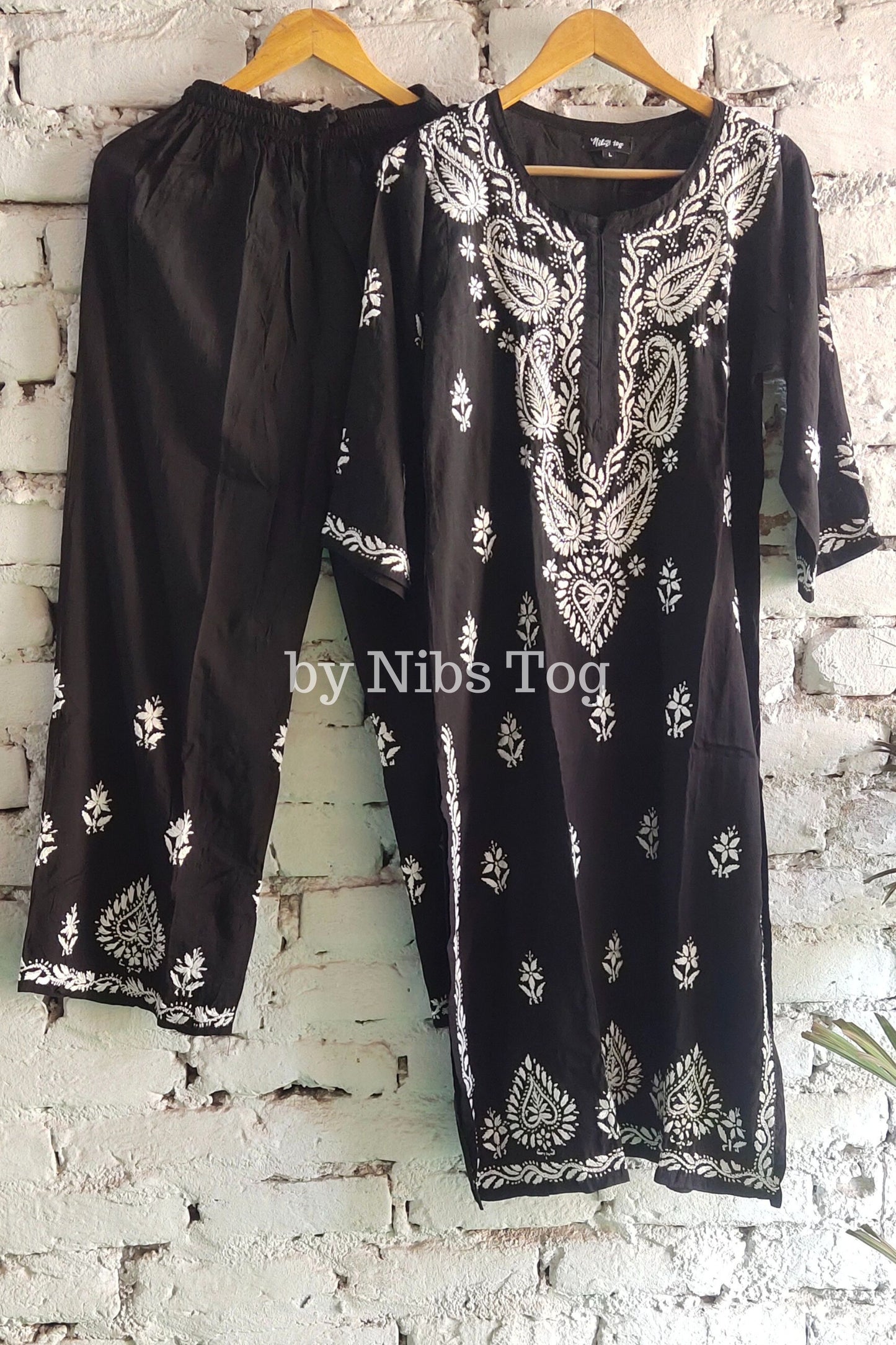 Black Modal Cotton Chikankari Kurta Palazzo Set for Women