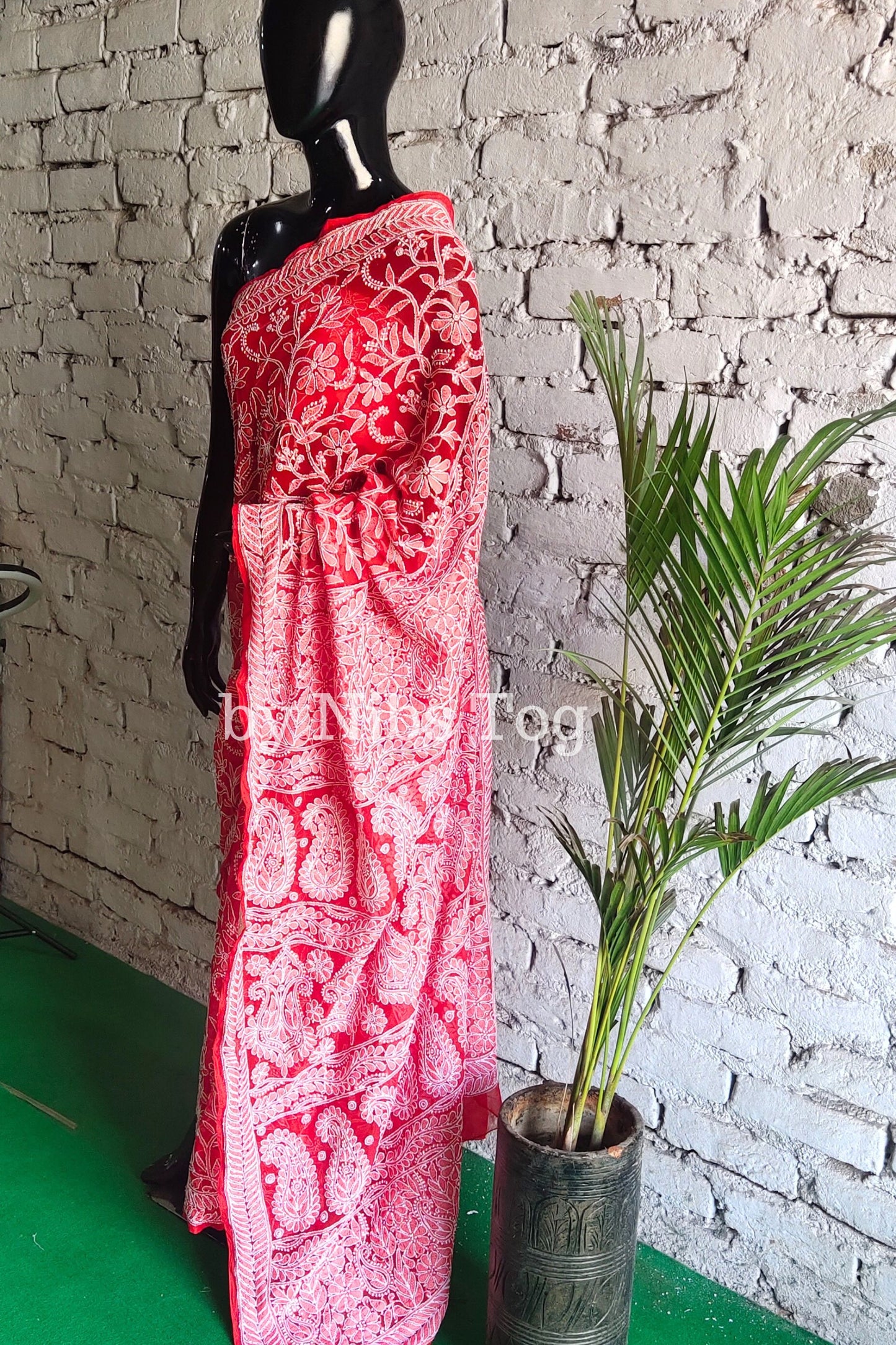 Red Chikankari Saree Georgette full Jaal Work with Blouse