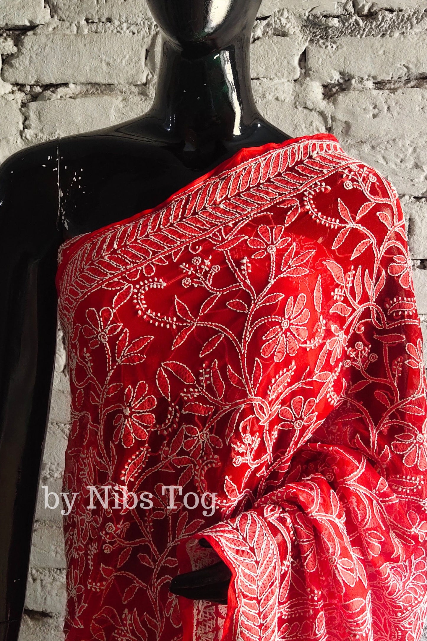 Red Chikankari Saree Georgette full Jaal Work with Blouse