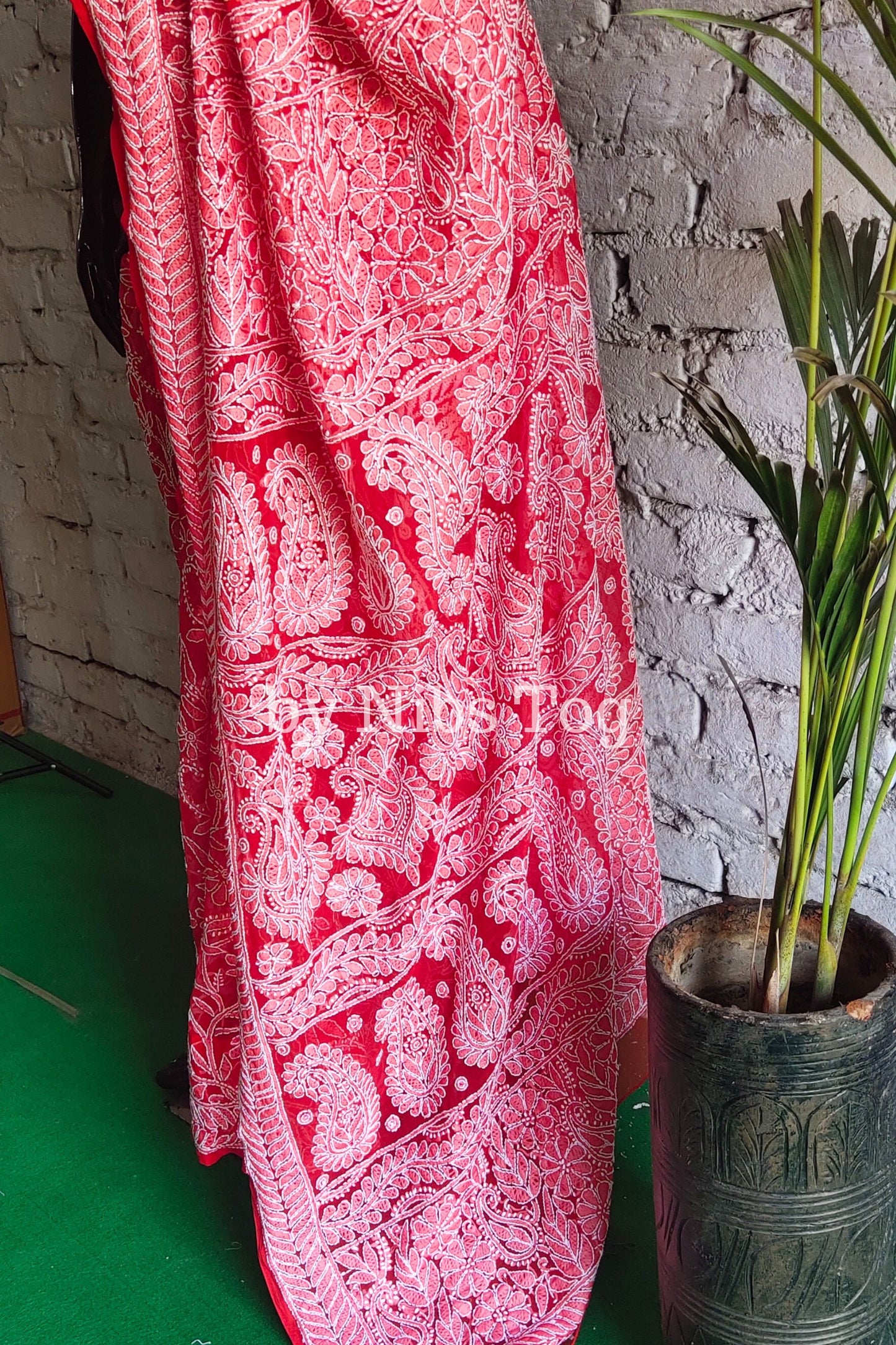 Red Chikankari Saree Georgette full Jaal Work with Blouse