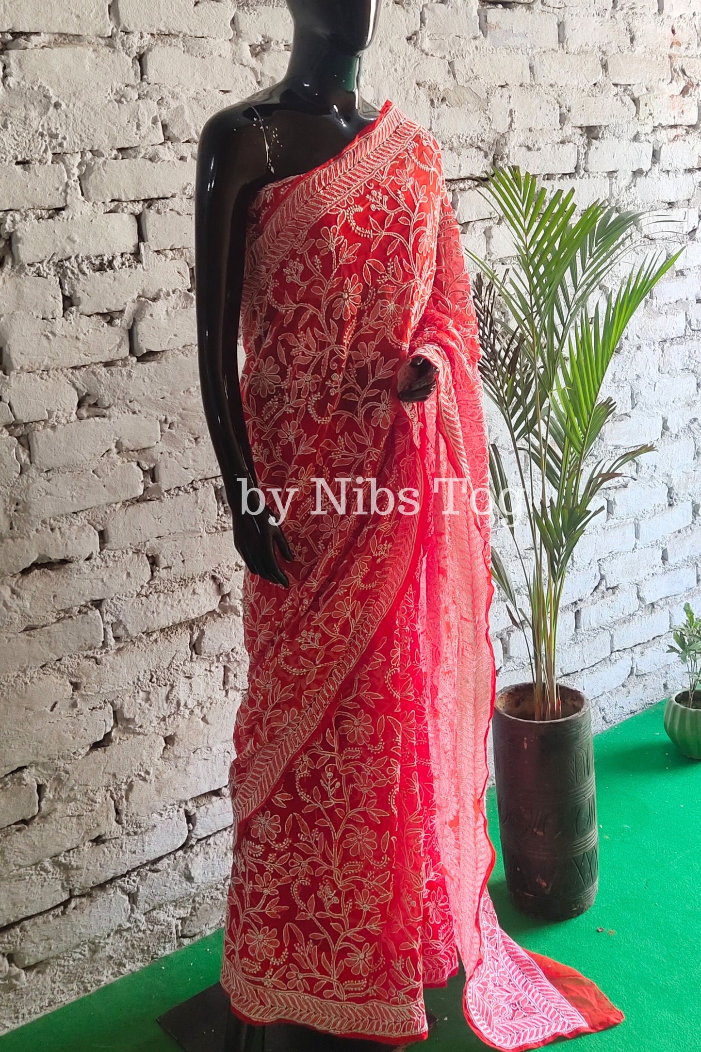 Red Chikankari Saree Georgette full Jaal Work with Blouse
