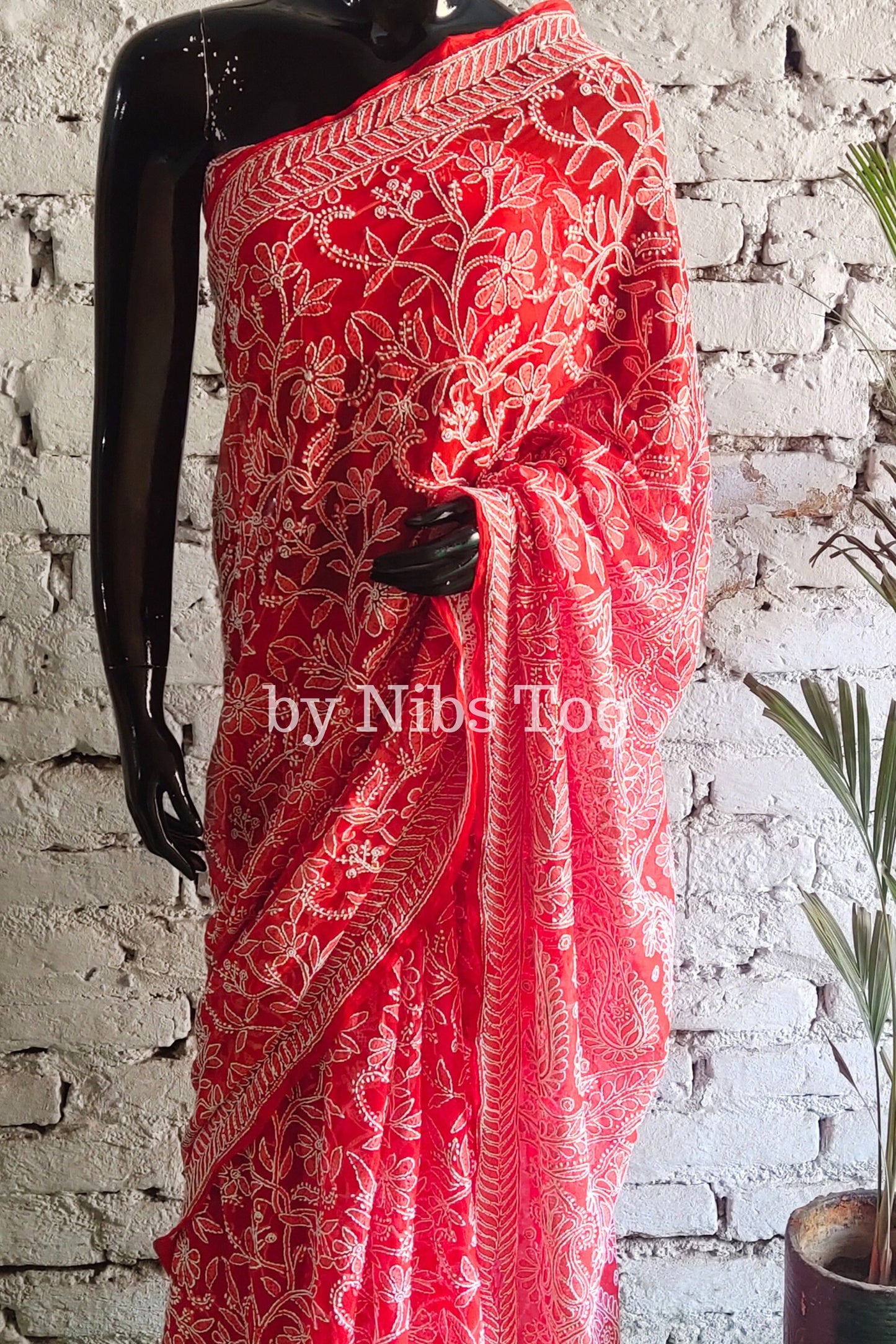 Red Chikankari Saree Georgette full Jaal Work with Blouse