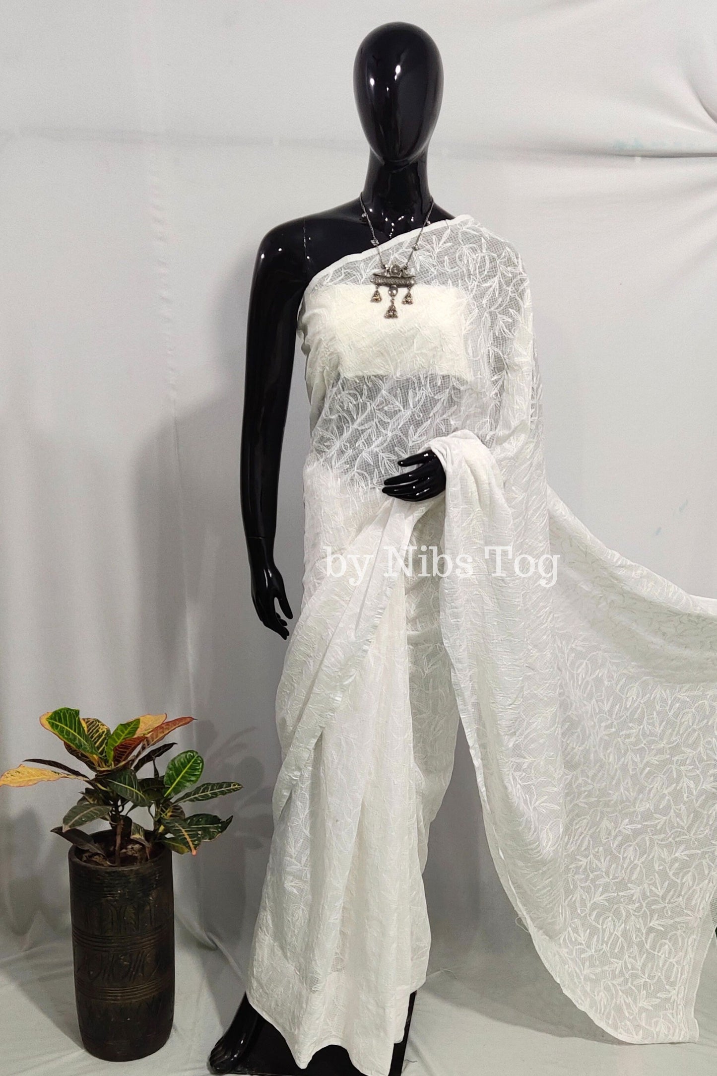 White Kota Cotton Chikankari Saree for Women Full Work