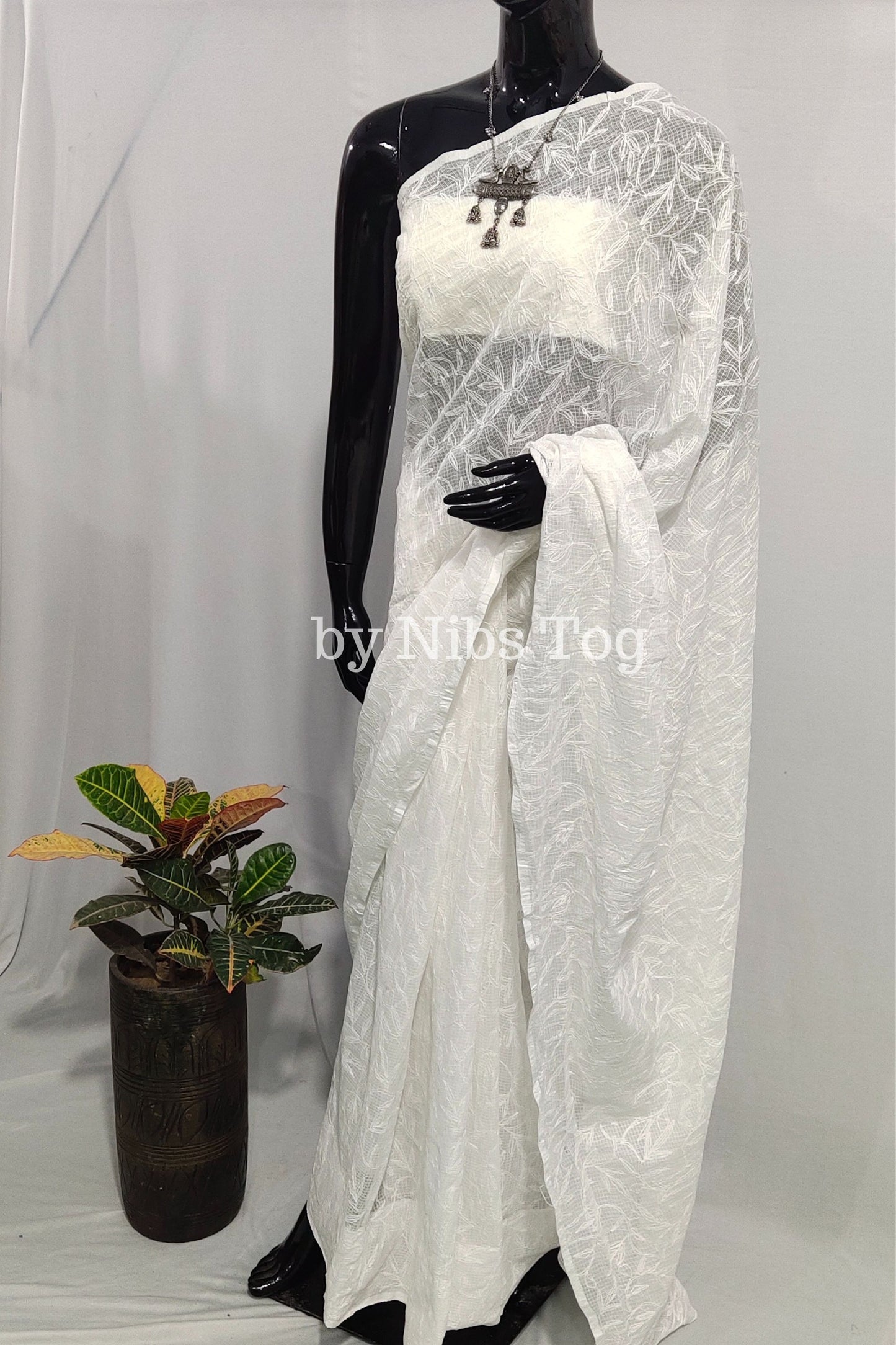 White Kota Cotton Chikankari Saree for Women Full Work