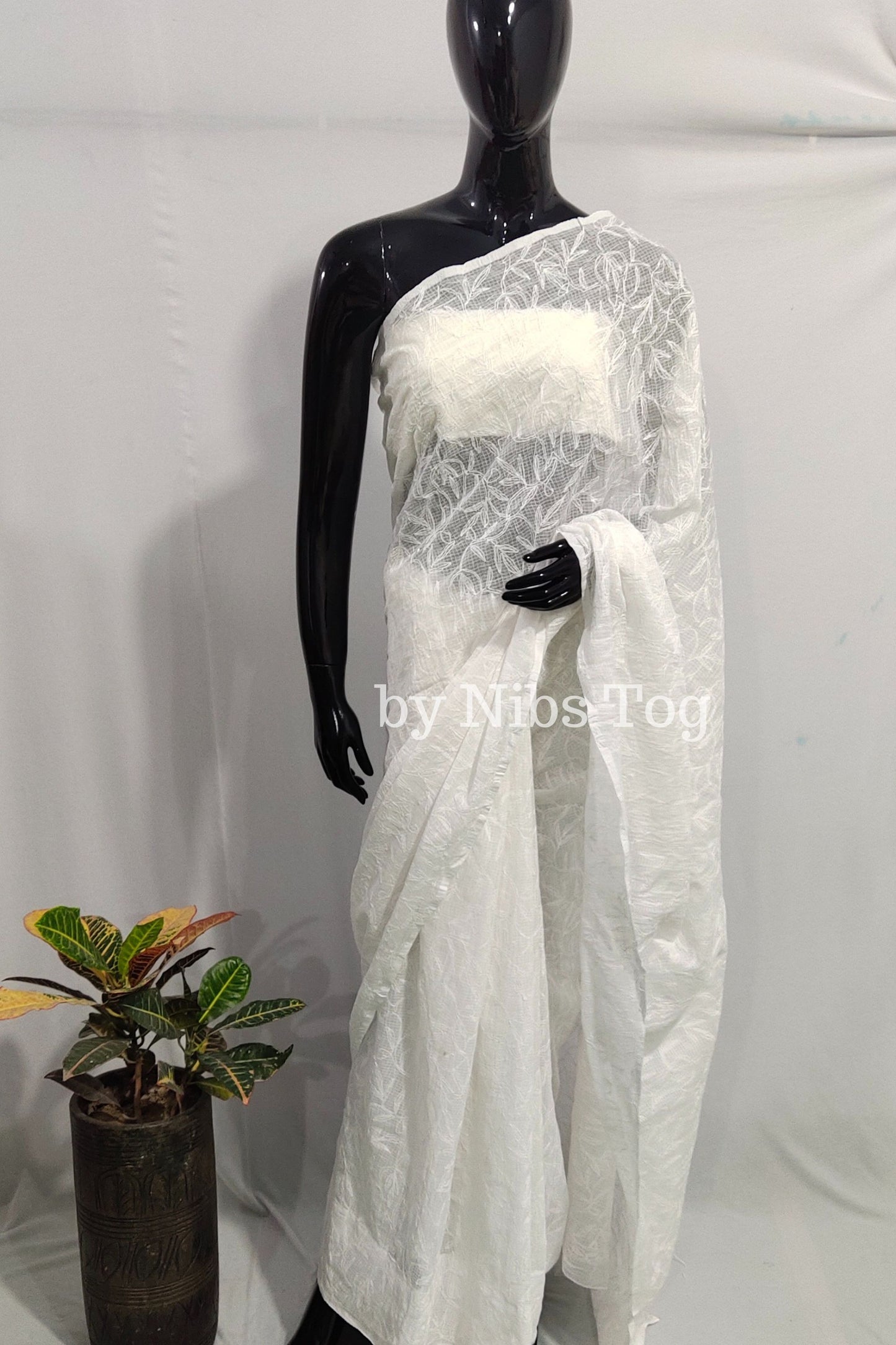 White Kota Cotton Chikankari Saree for Women Full Work