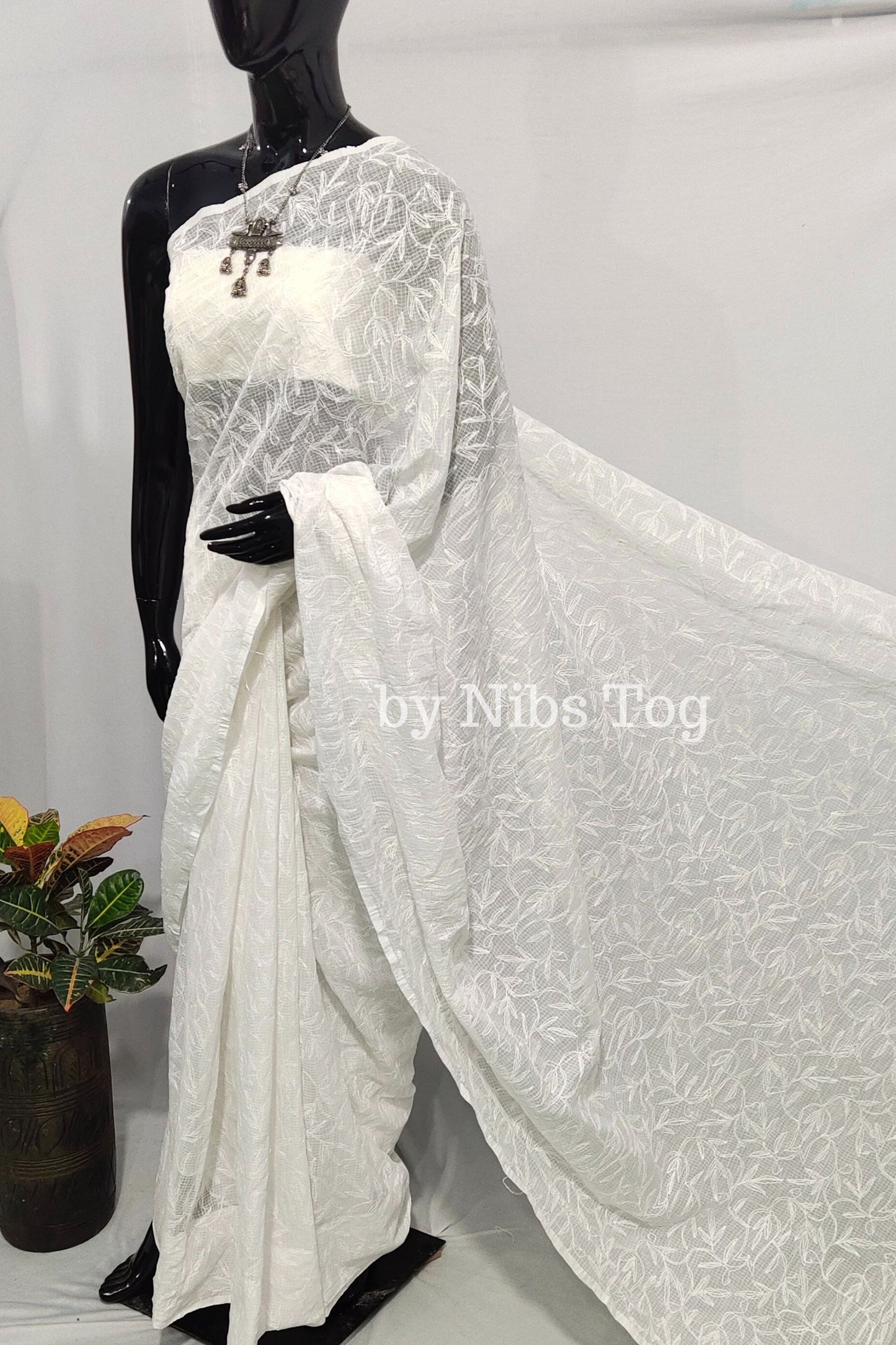 White Kota Cotton Chikankari Saree for Women Full Work