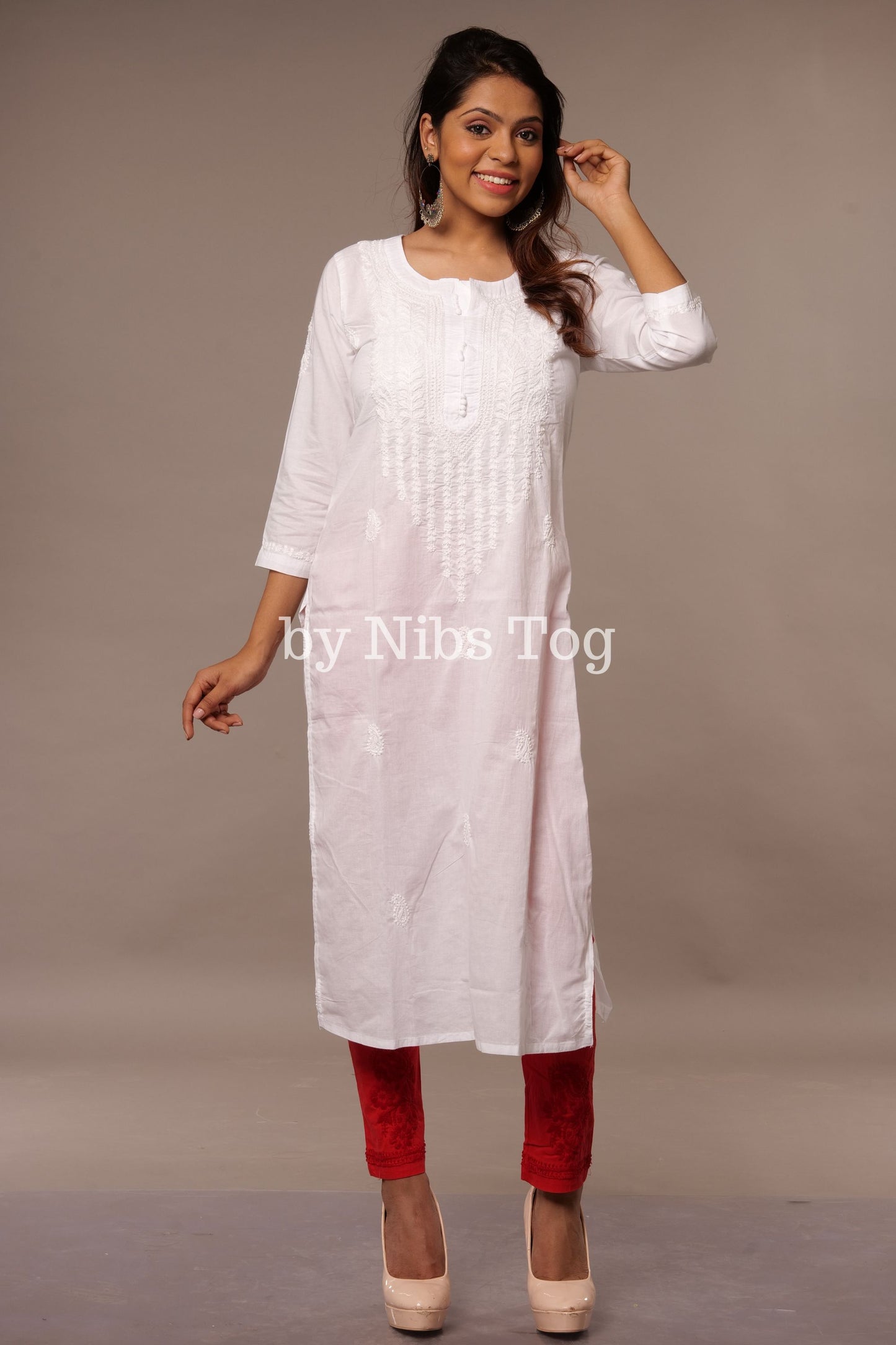 White Cotton Women's Straight Chikankari Kurta