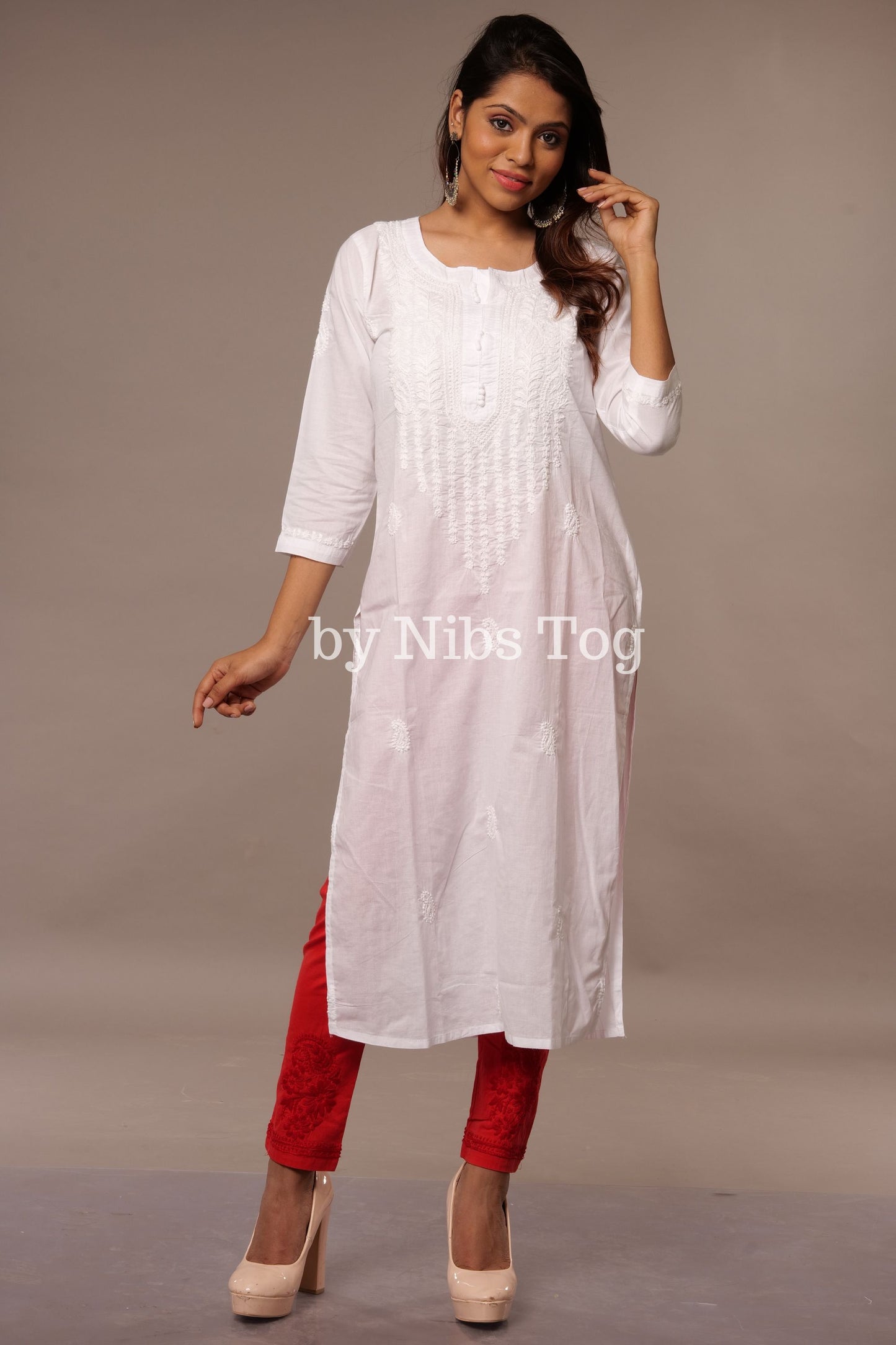White Cotton Women's Straight Chikankari Kurta