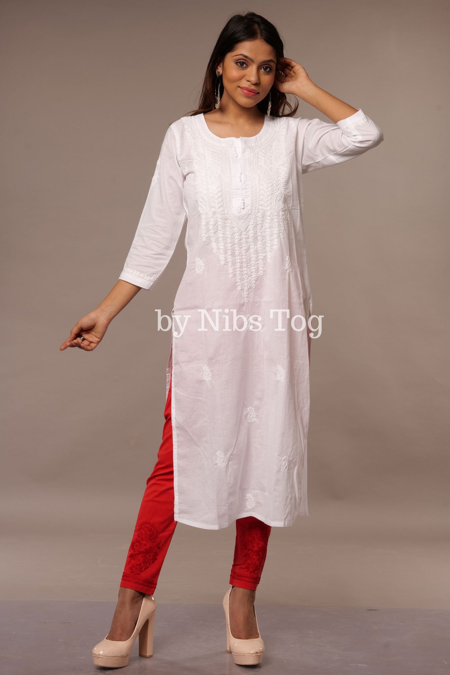 White Cotton Women's Straight Chikankari Kurta