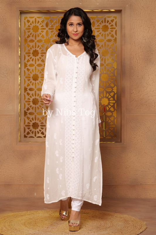 Women's White Chikankari Kurta Viscose Georgette