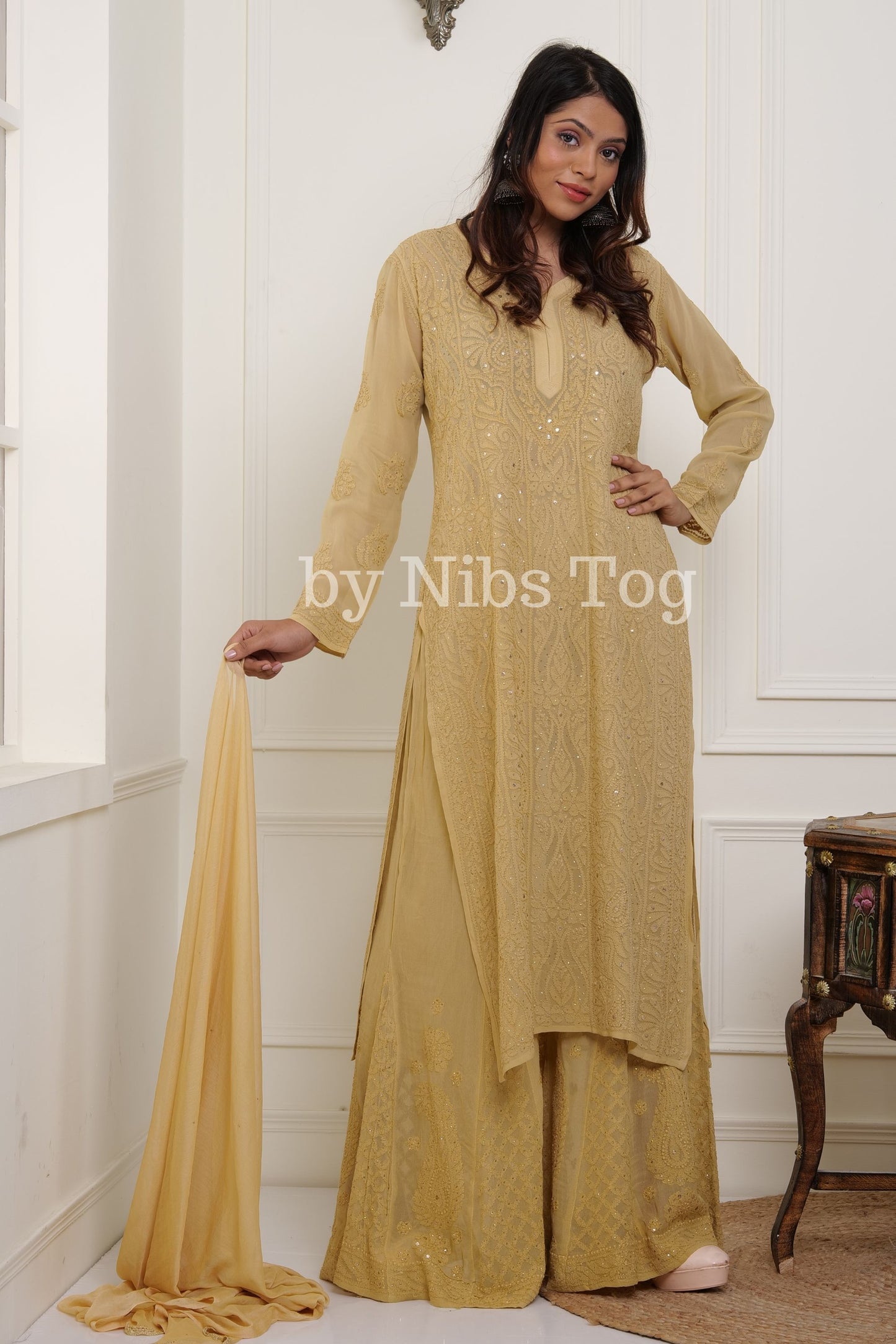 Beige Viscose Georgette Chikankari Kurta Palazzo Set with Dupatta