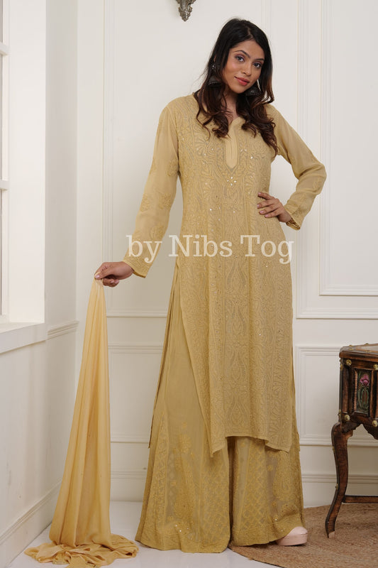 Beige Viscose Georgette Chikankari Kurta Palazzo Set with Dupatta