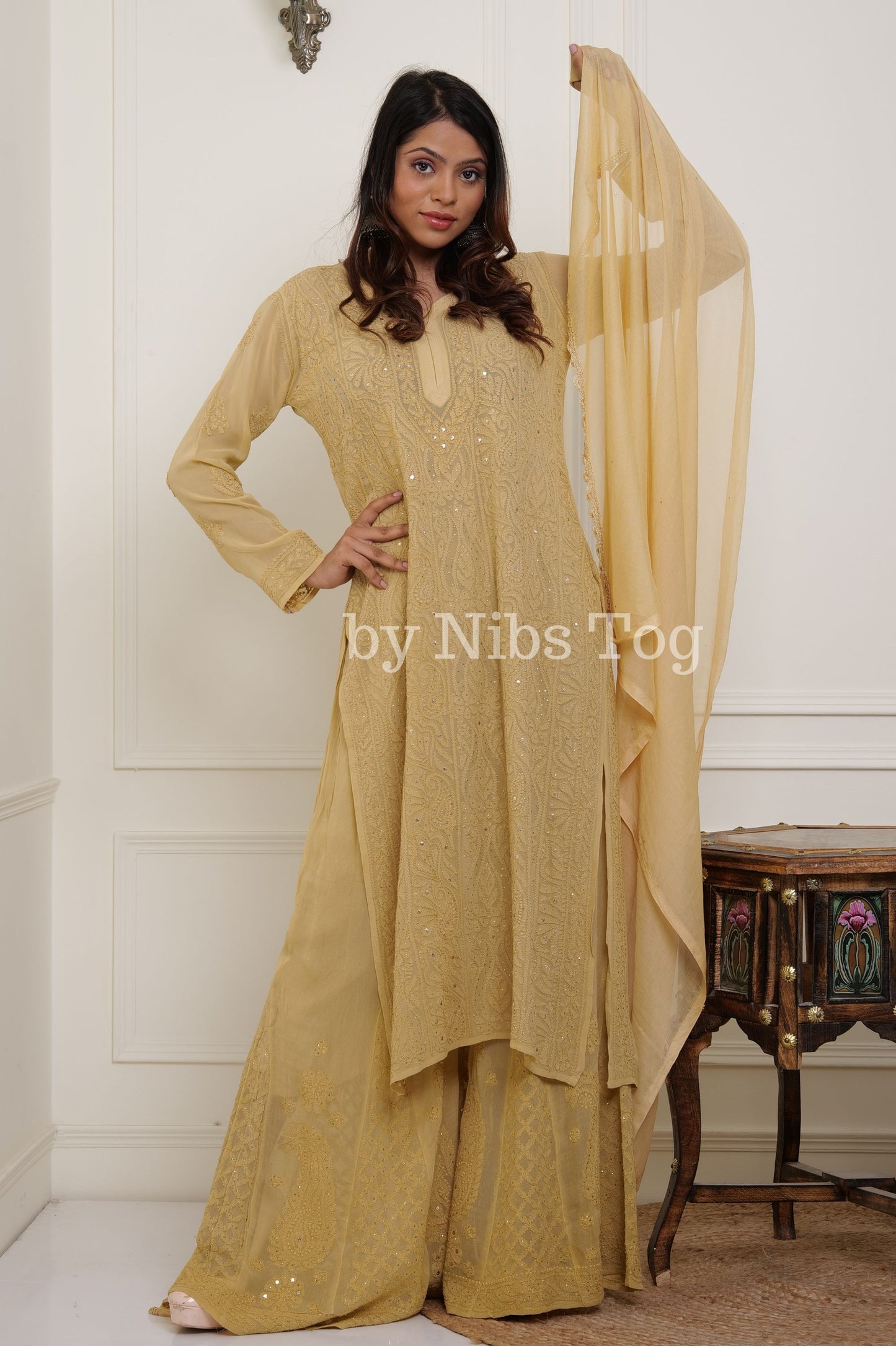 Beige Viscose Georgette Chikankari Kurta Palazzo Set with Dupatta