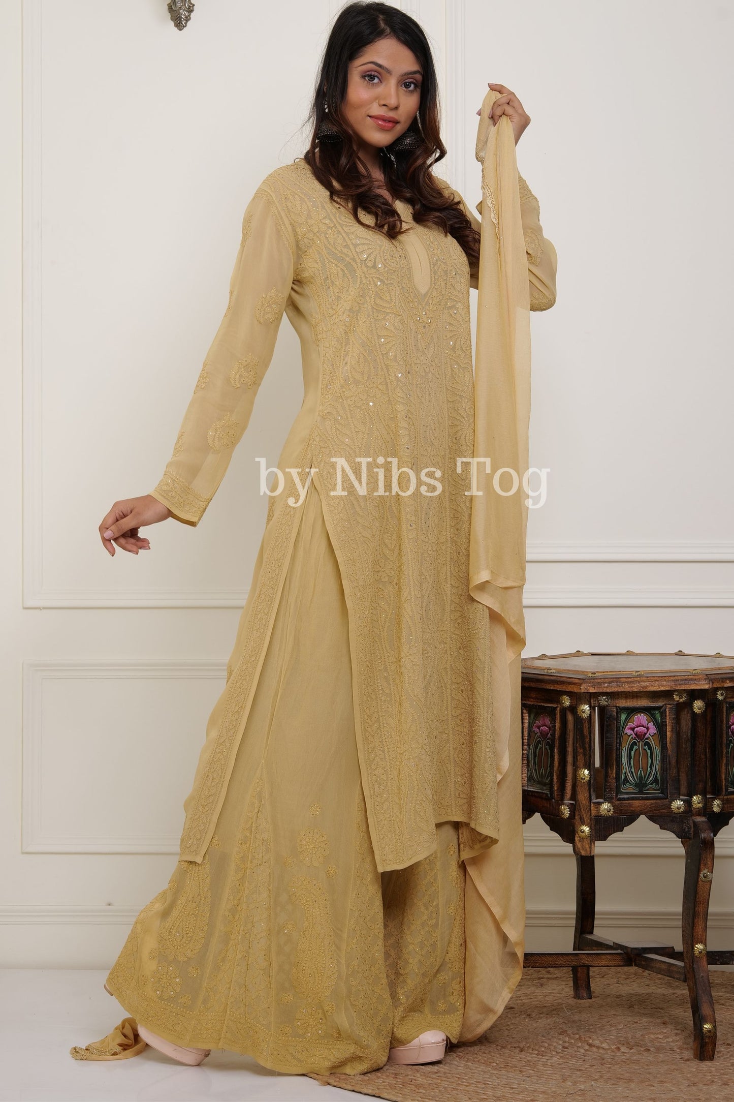 Beige Viscose Georgette Chikankari Kurta Palazzo Set with Dupatta