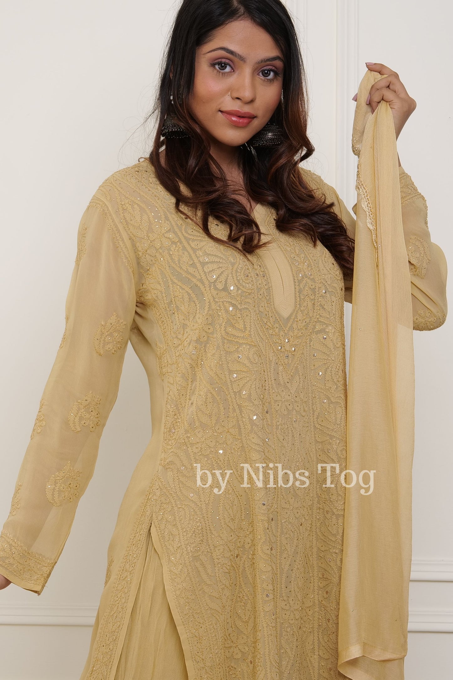 Beige Viscose Georgette Chikankari Kurta Palazzo Set with Dupatta