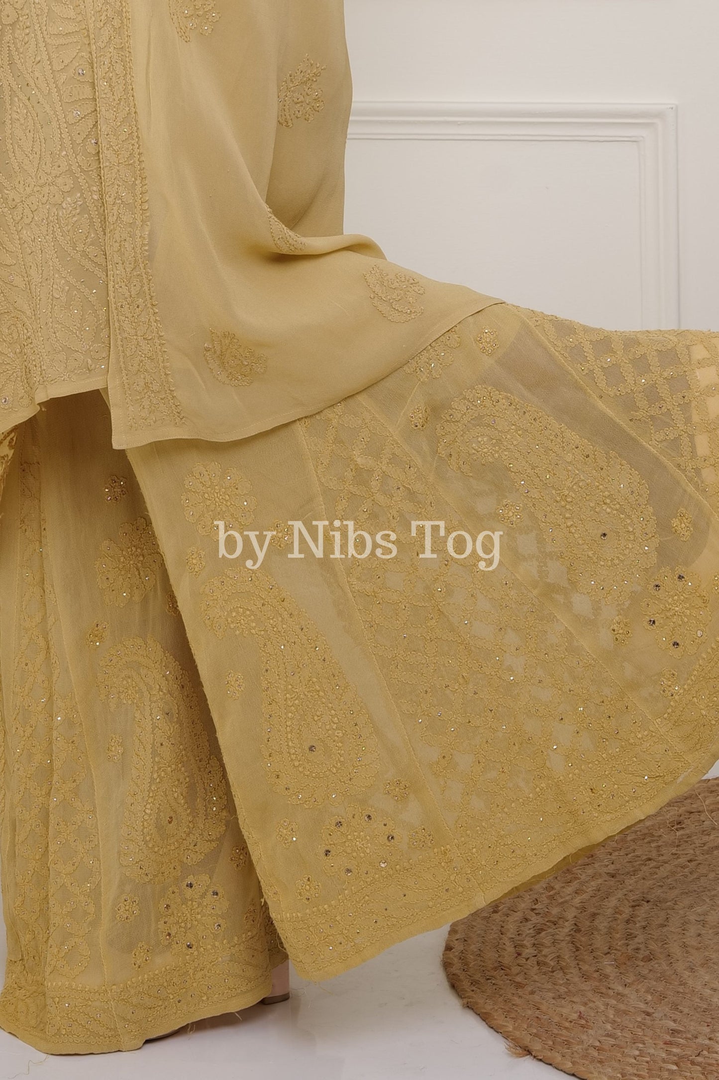 Beige Viscose Georgette Chikankari Kurta Palazzo Set with Dupatta