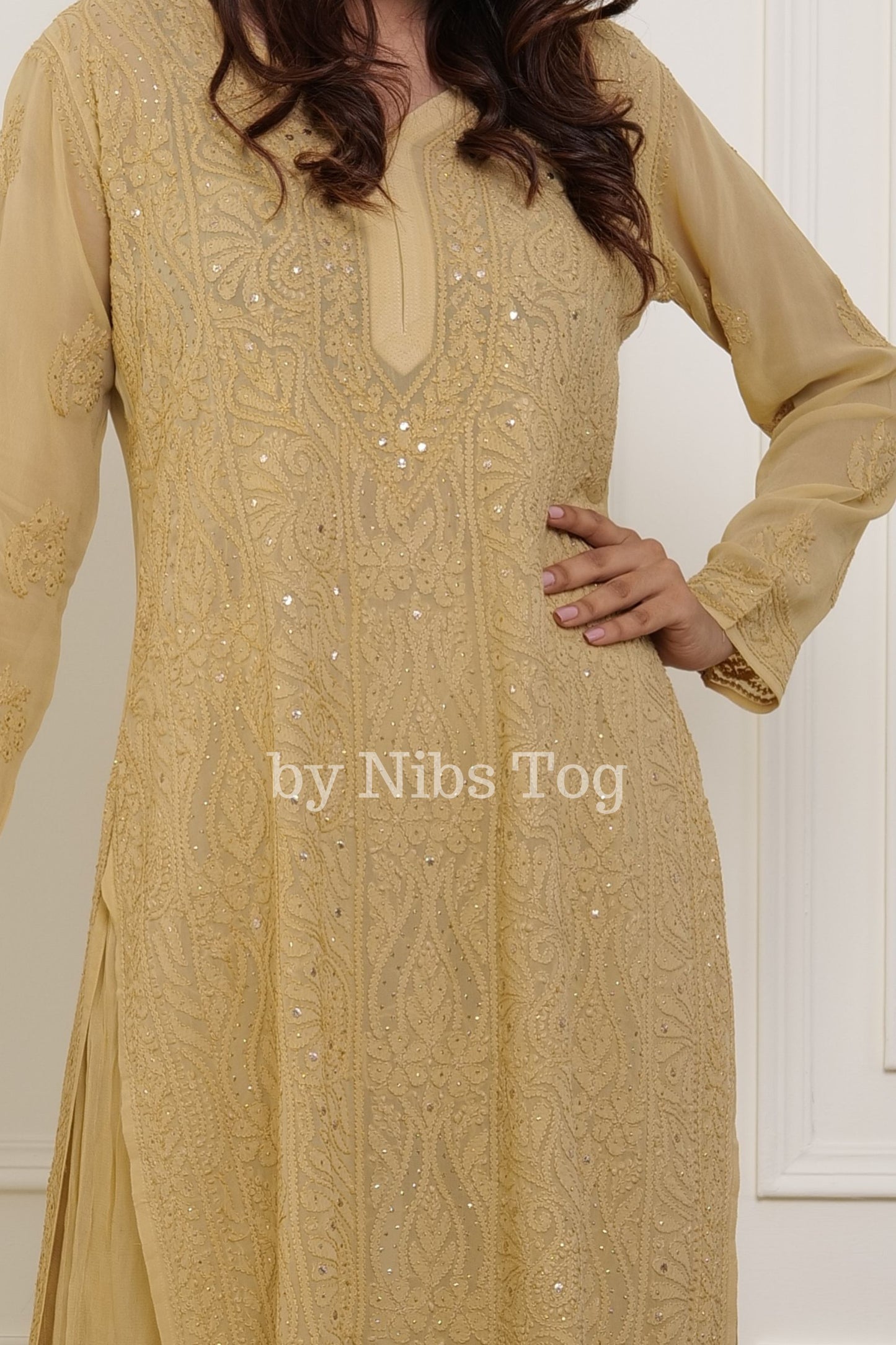 Beige Viscose Georgette Chikankari Kurta Palazzo Set with Dupatta