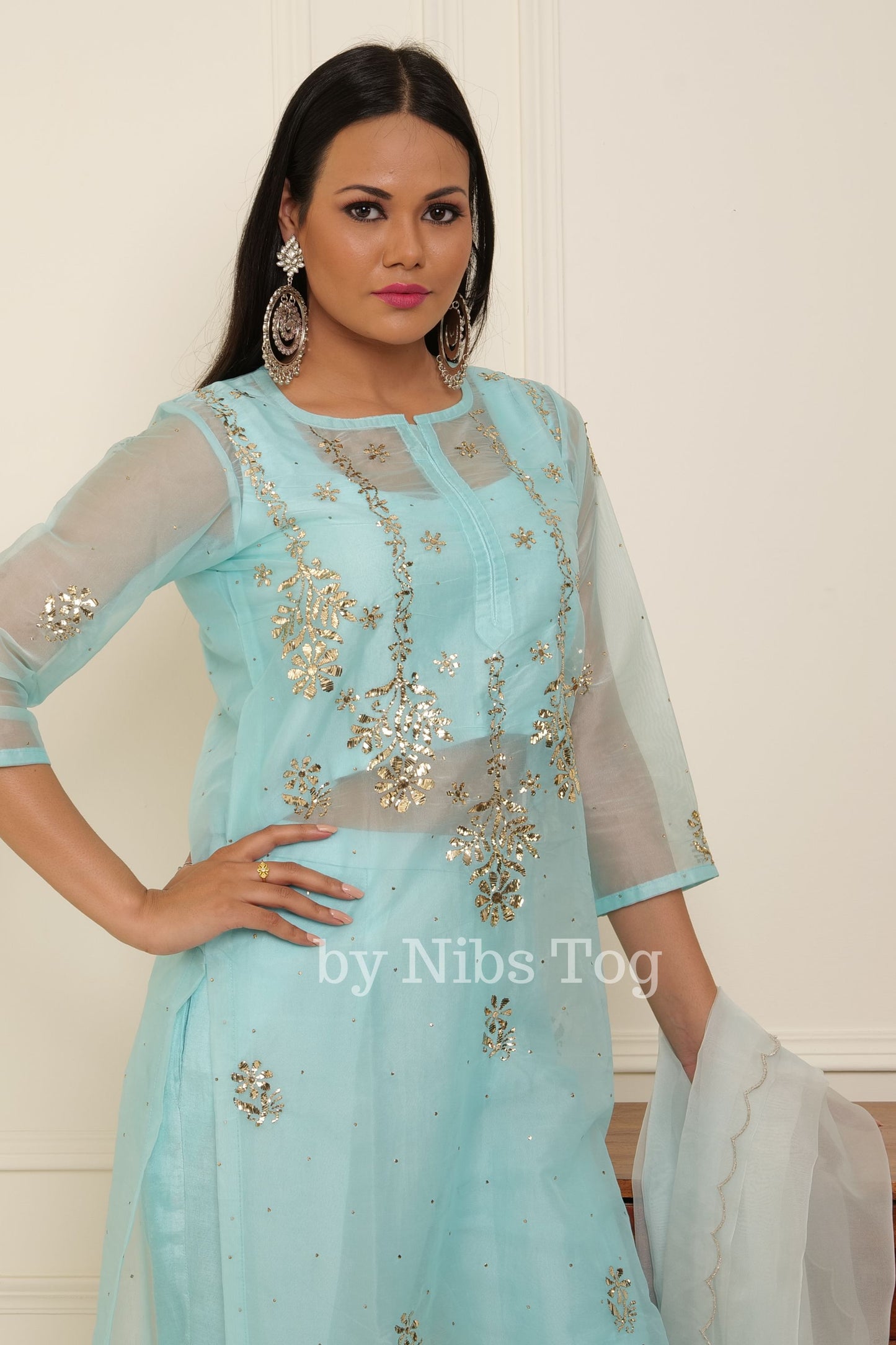Sky Blue Chikankari Organza Kurta Pant Set with Dupatta