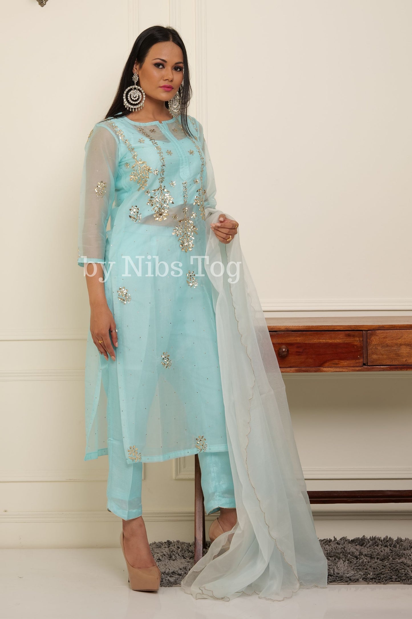 Sky Blue Chikankari Organza Kurta Pant Set with Dupatta