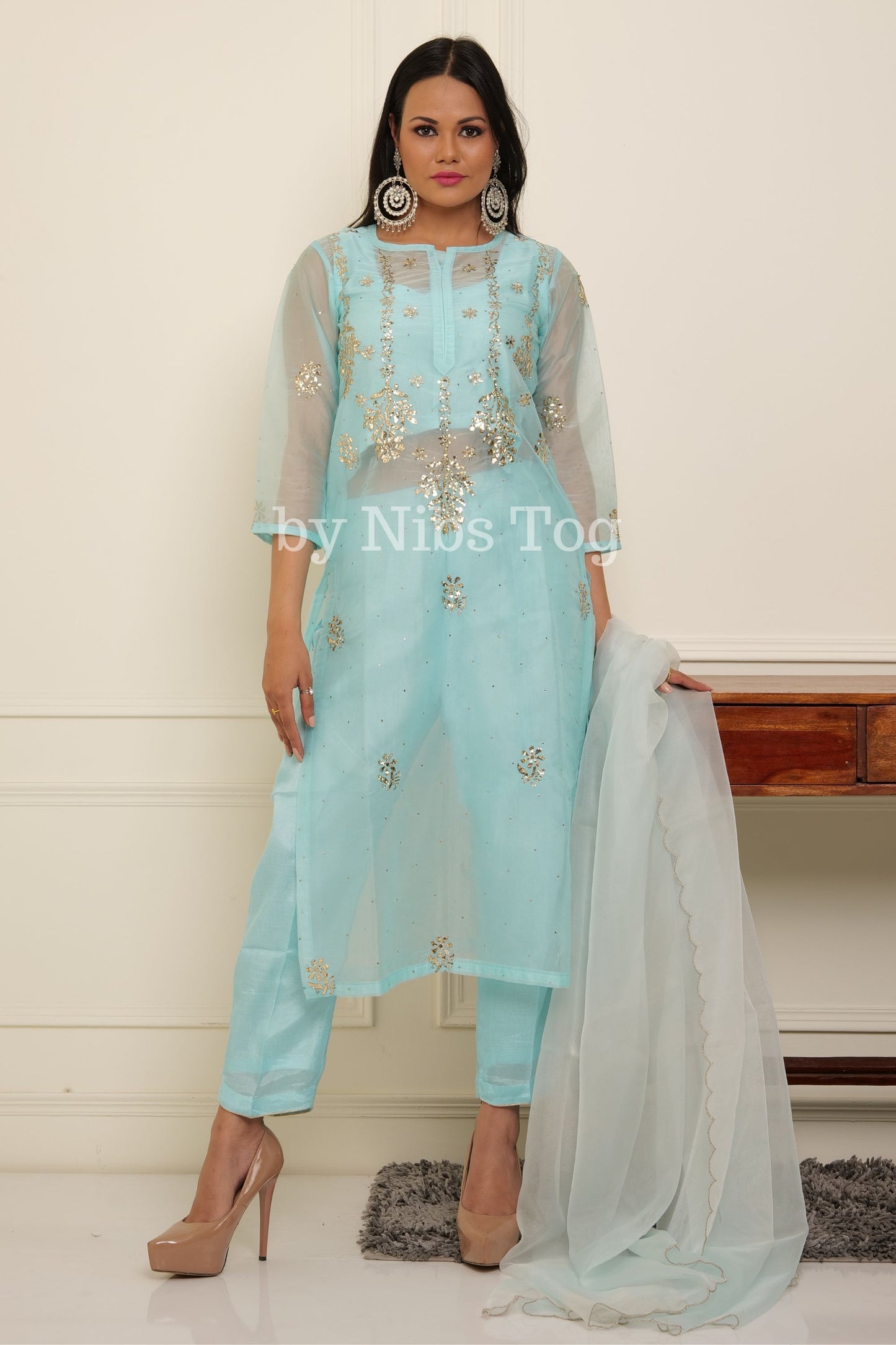 Sky Blue Chikankari Organza Kurta Pant Set with Dupatta