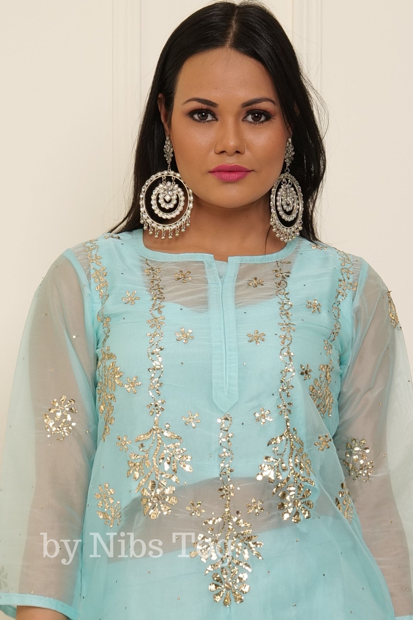 Sky Blue Chikankari Organza Kurta Pant Set with Dupatta