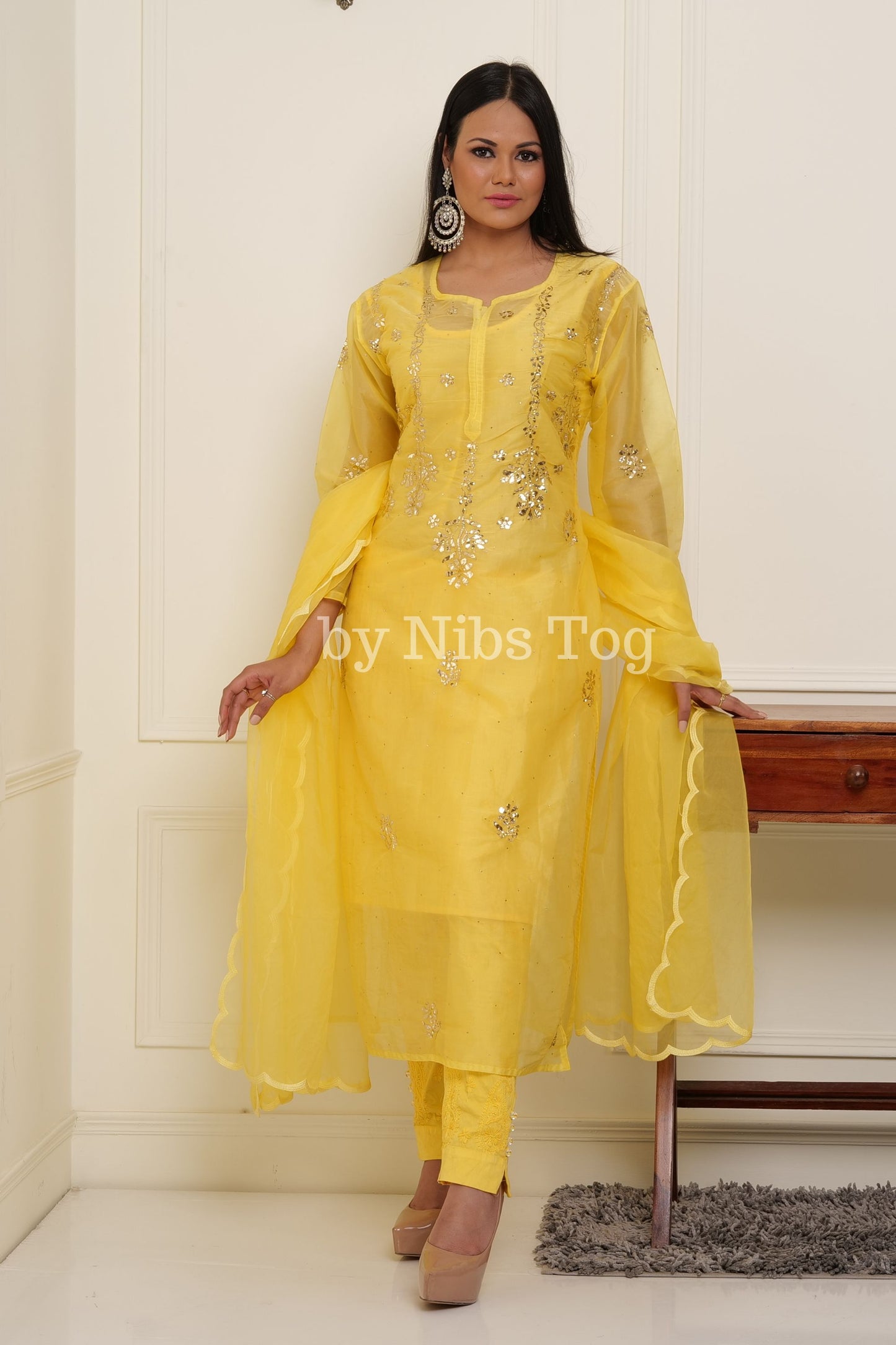 Yellow Organza Chikankari Suit with Dupatta Mukaish Work