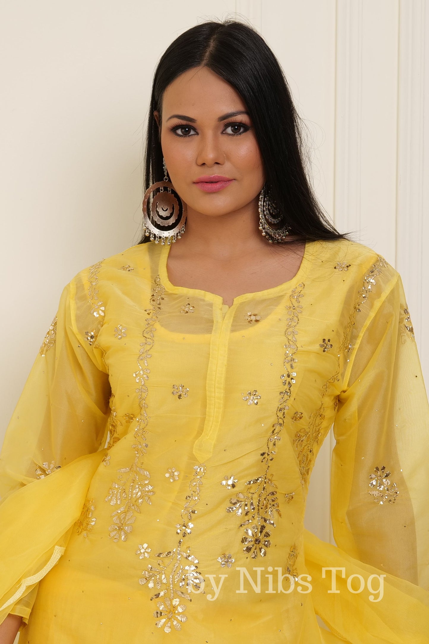 Yellow Organza Chikankari Suit with Dupatta Mukaish Work