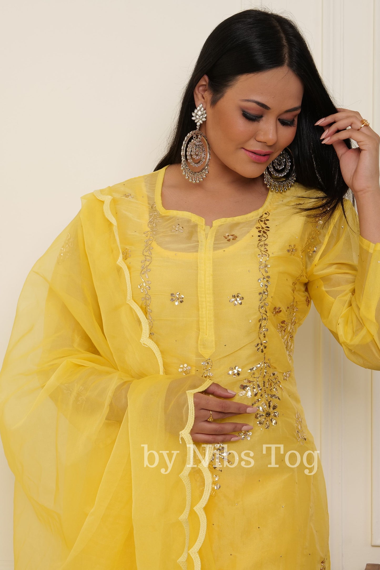 Yellow Organza Chikankari Suit with Dupatta Mukaish Work